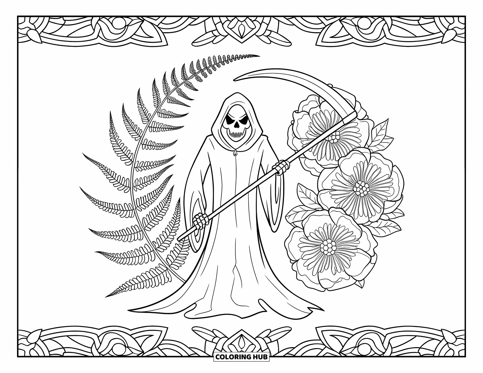 Grim Reaper Coloring Page for Adults: A swirling mandala of flowers surrounds the Reaper with clean, bold outlines