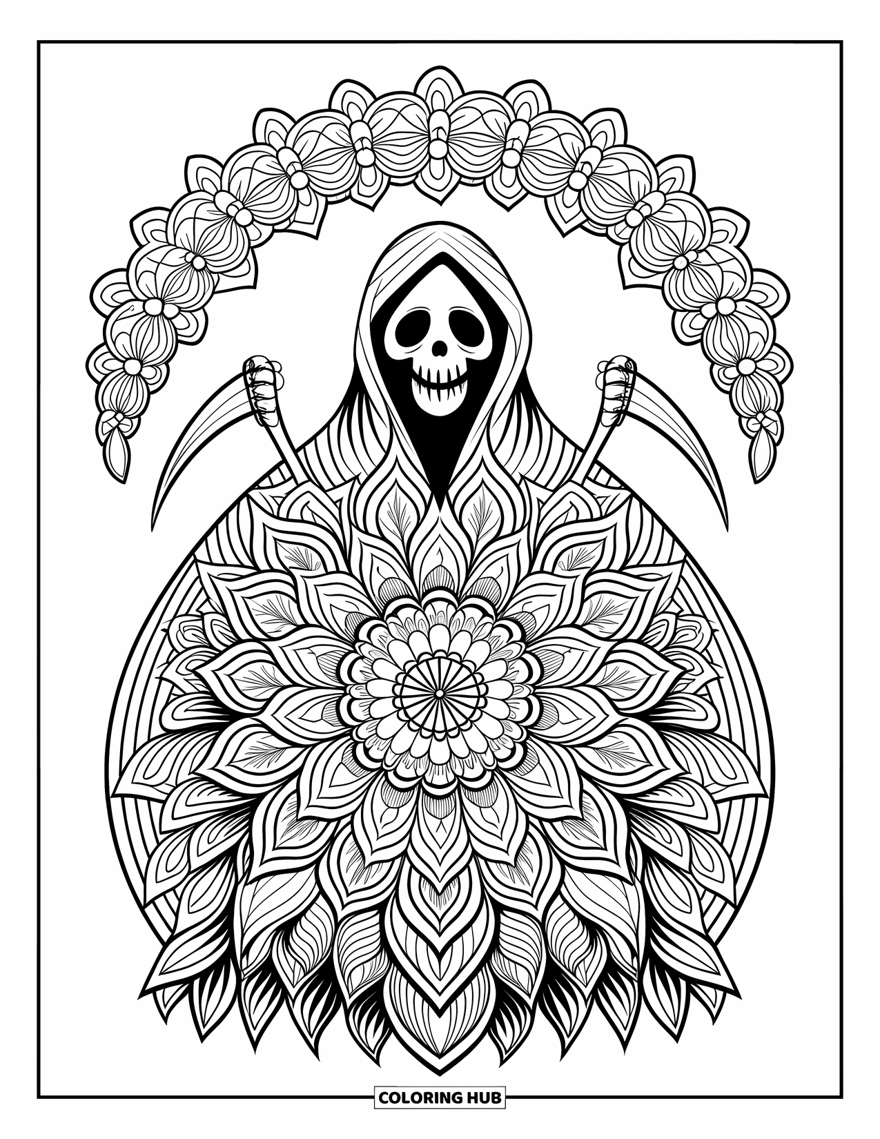 Grim Reaper Coloring Page for Adults: Floral mandala patterns form the Reaper's robe in this detailed design