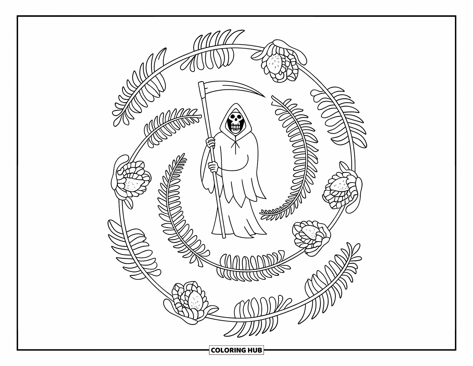 Grim Reaper Coloring Page for Adults: The Grim Reaper stands in a floral mandala of ferns and peonies