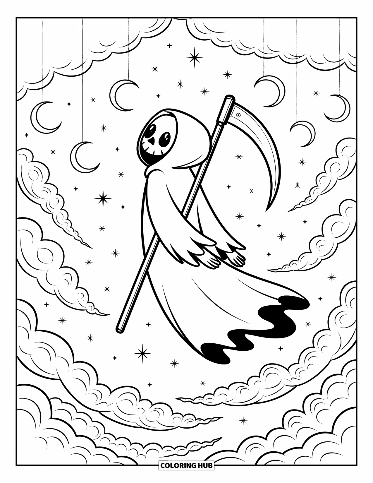 Grim Reaper Coloring Page for Adults: The Reaper floats in a dreamy sky with clouds, stars, and hanging crescent moons