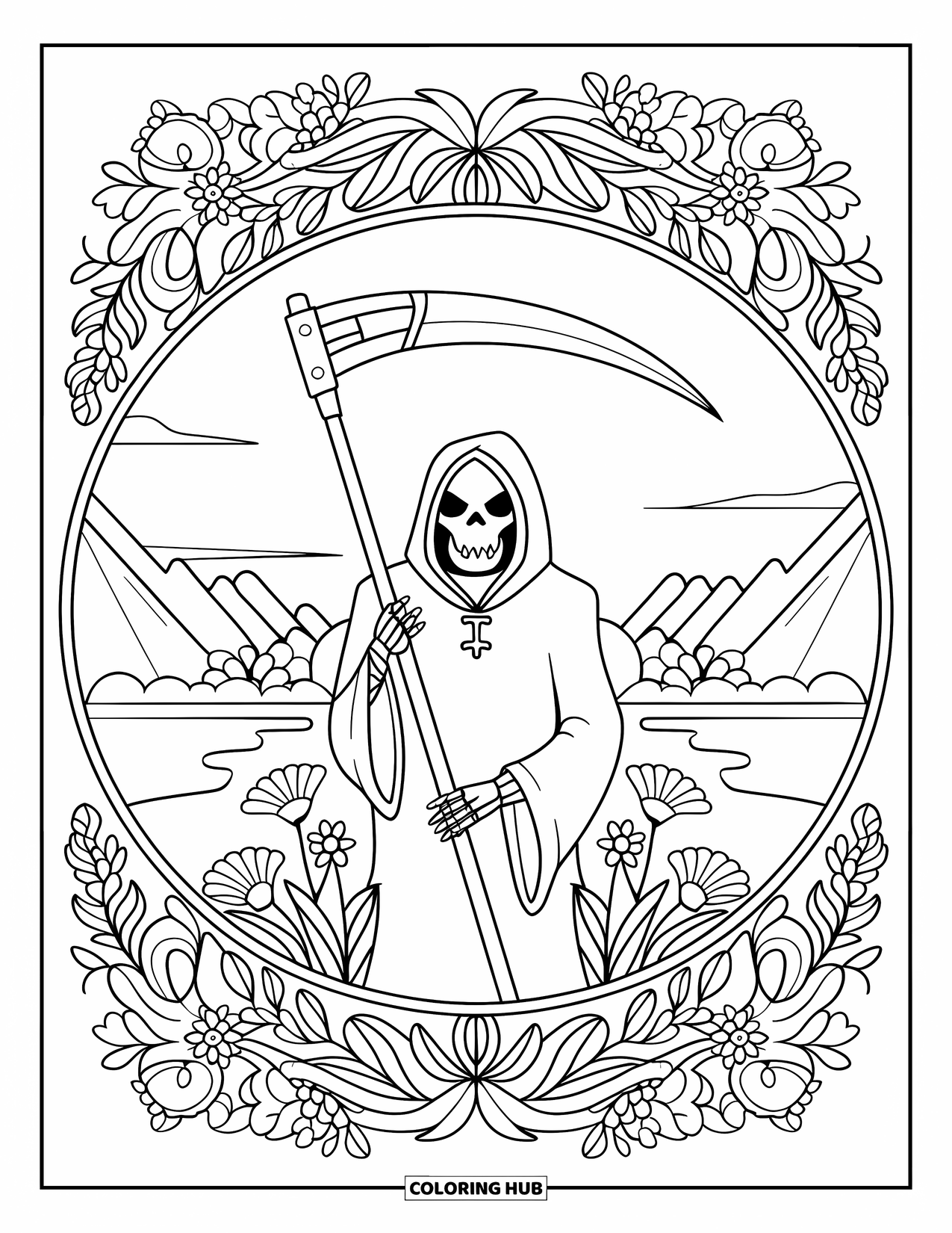 Grim Reaper Coloring Page for Adults: The Reaper is framed by flowers and plants in a peaceful landscape