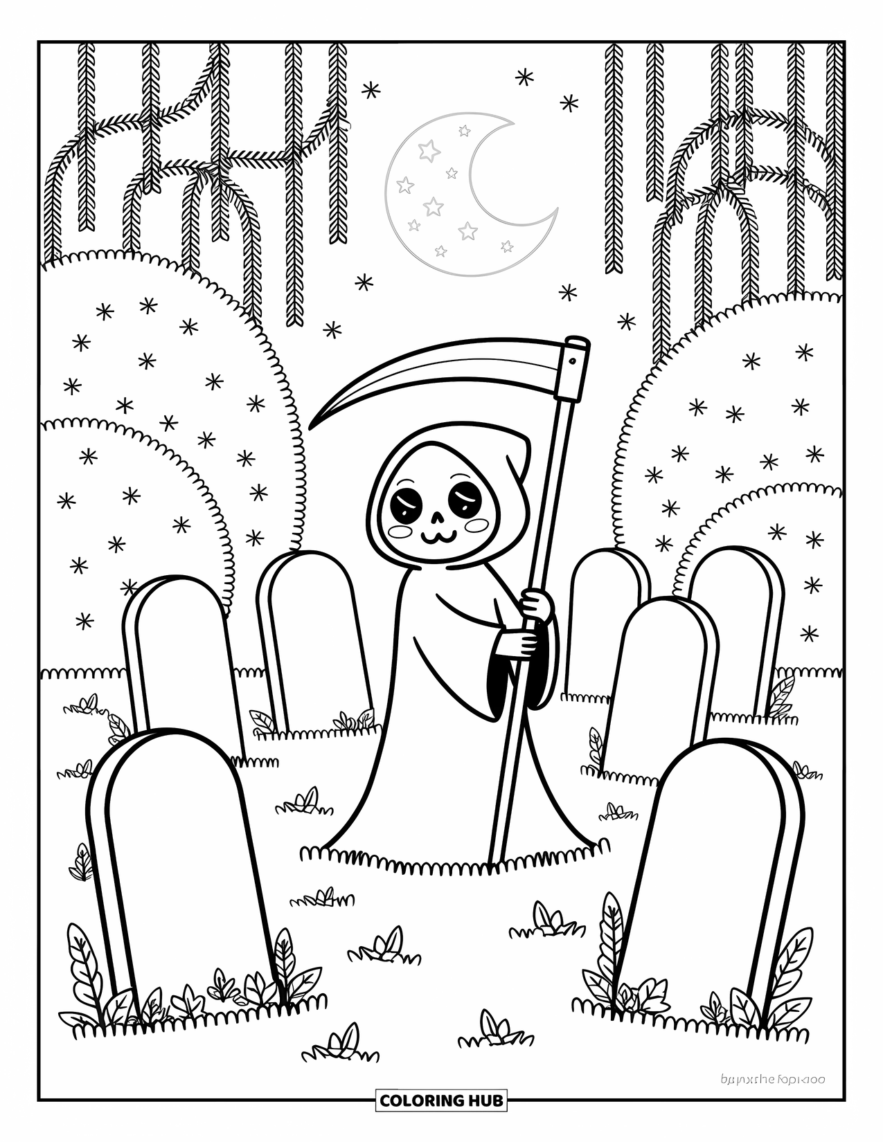 Grim Reaper Coloring Page for Adults: The Reaper stands with their scythe among gravestones under a moonlit sky
