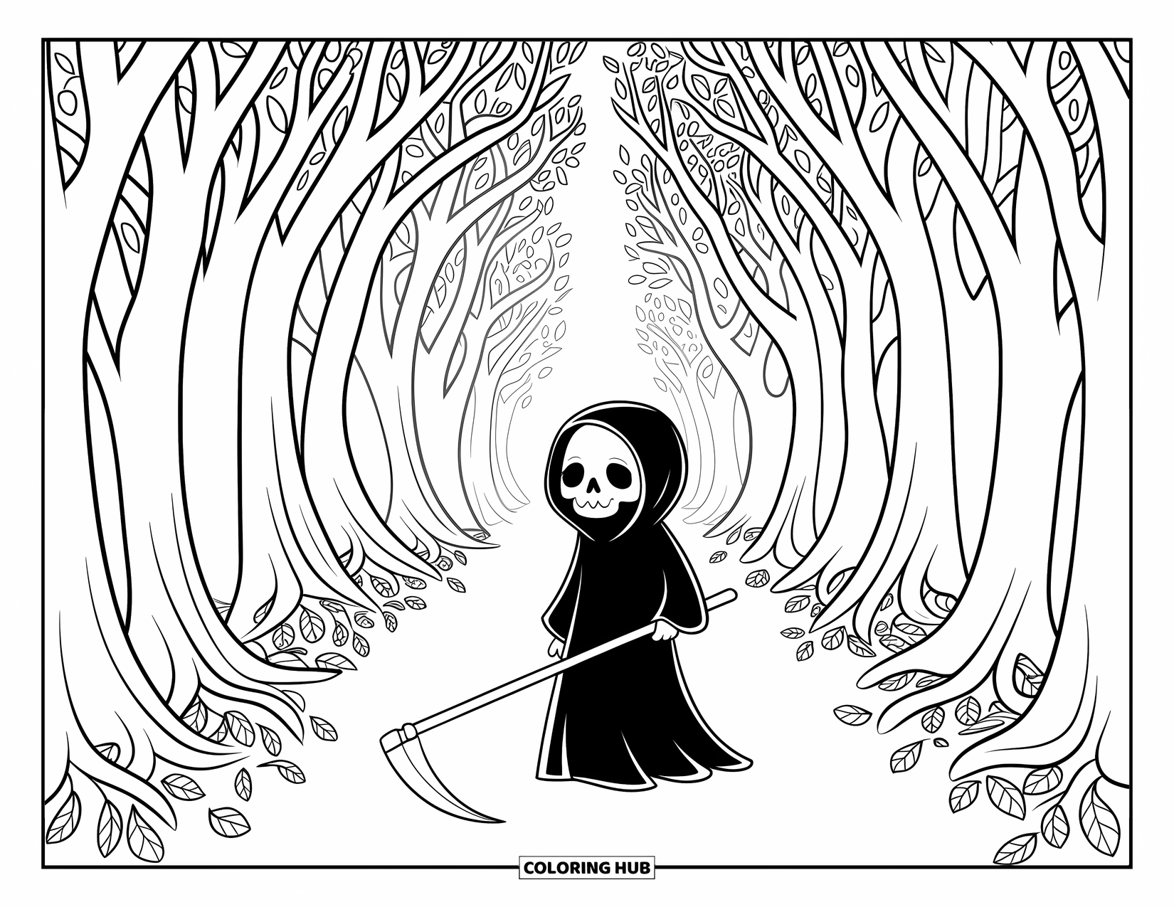 Grim Reaper Coloring Page for Adults: The Reaper walks a leaf-strewn forest path under a glowing tree canopy