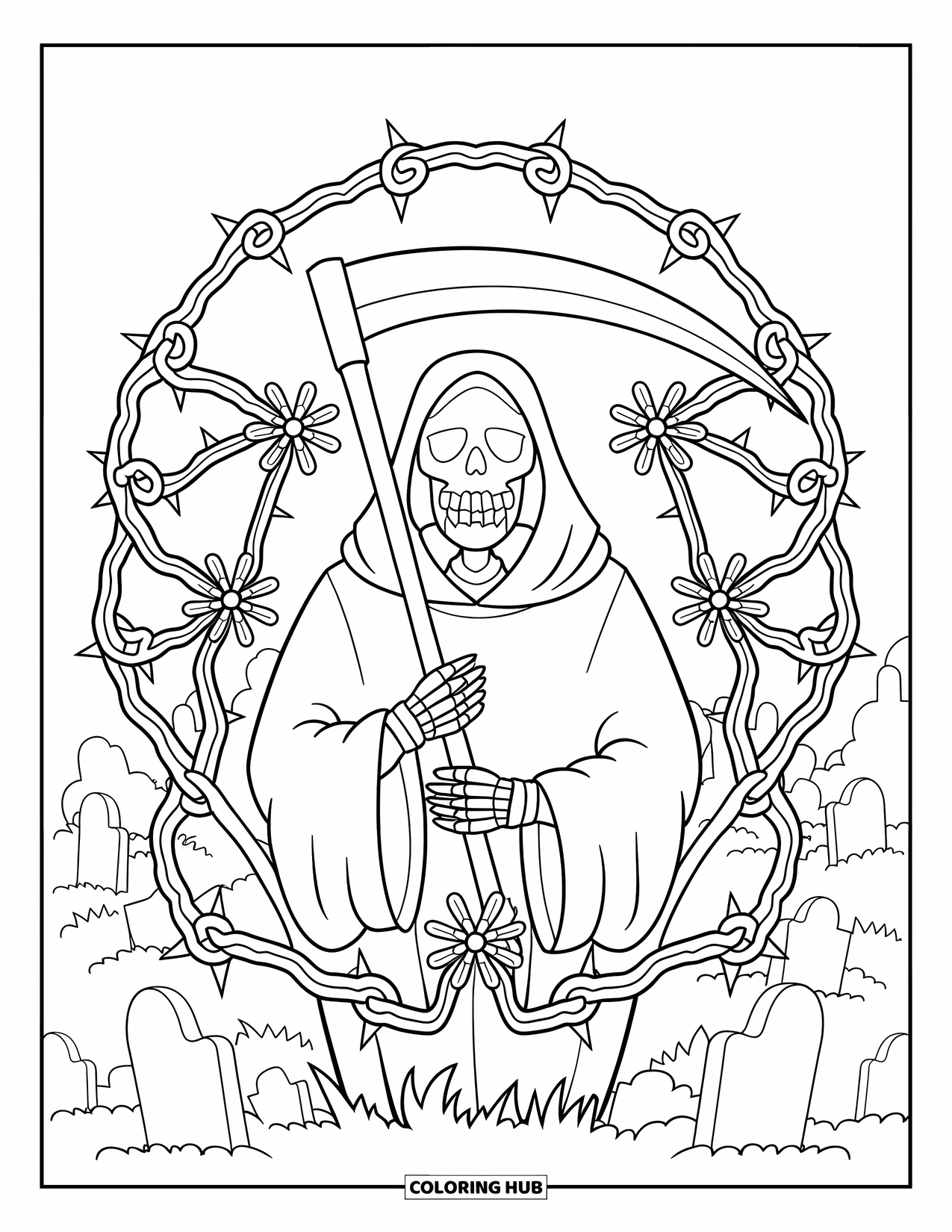 Grim Reaper Coloring Page for Adults: Thorny vines and eerie flowers surround the Reaper in a spooky graveyard