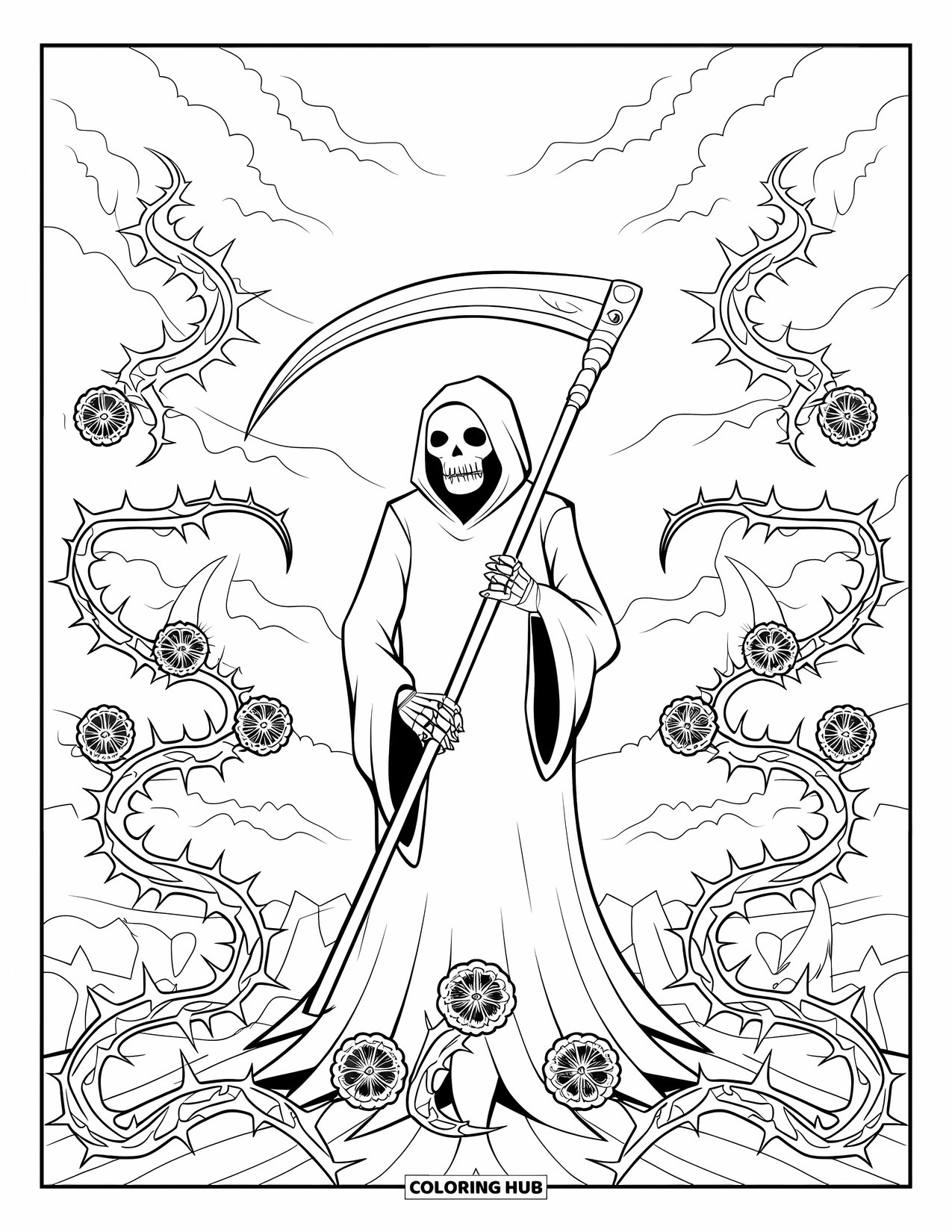 Grim Reaper Coloring Page for Adults: Twisting vines and thorns frame the Reaper in a moody, cloudy setting