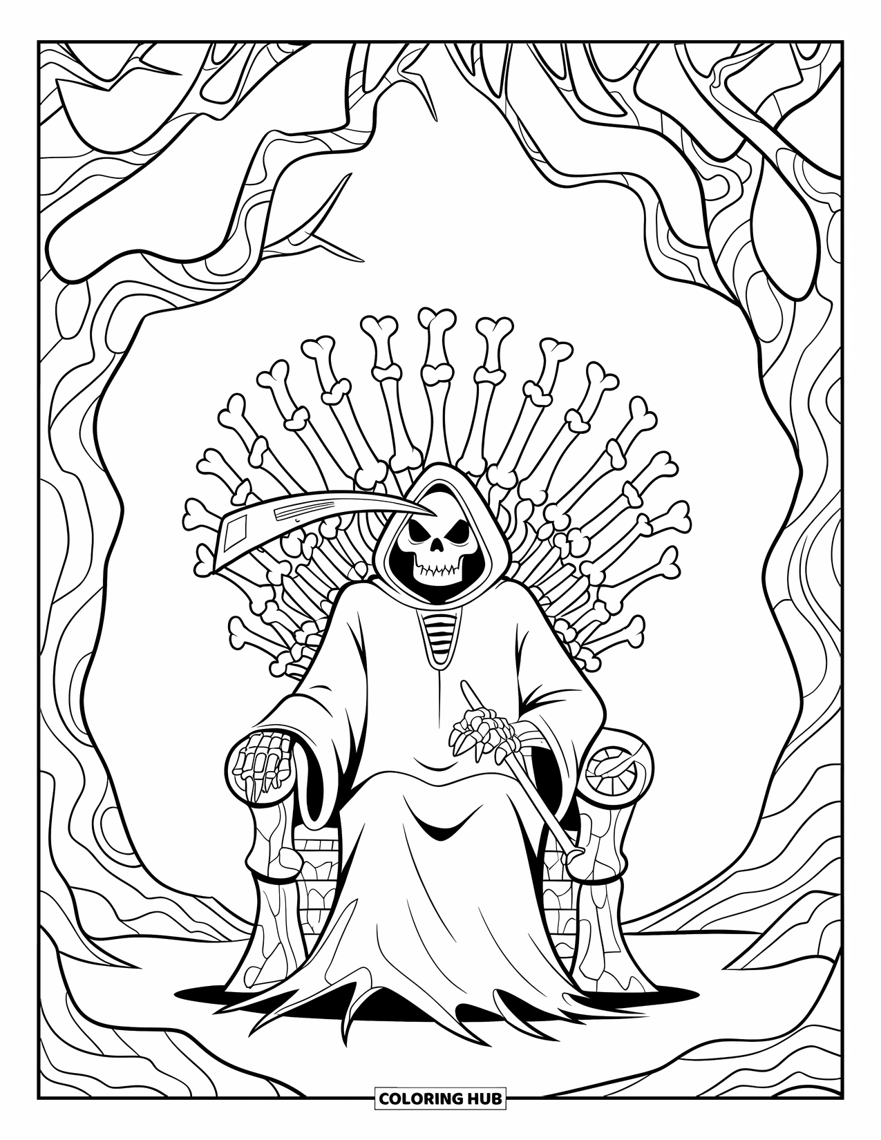 Grim Reaper Coloring Page for Kids: A bone throne supports the Reaper under bare, tangled trees
