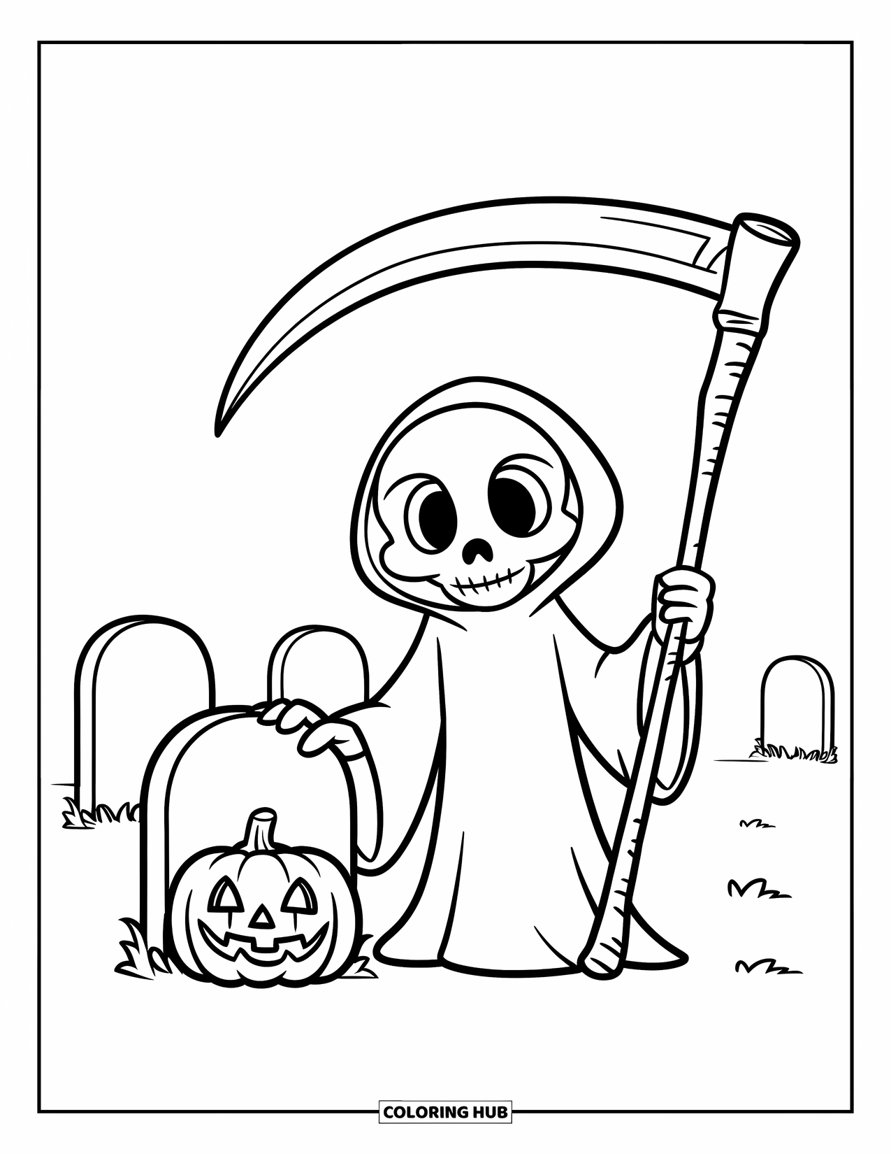 Grim Reaper Coloring Page for Kids: A childlike Reaper with a big scythe stands near a grave and pumpkin