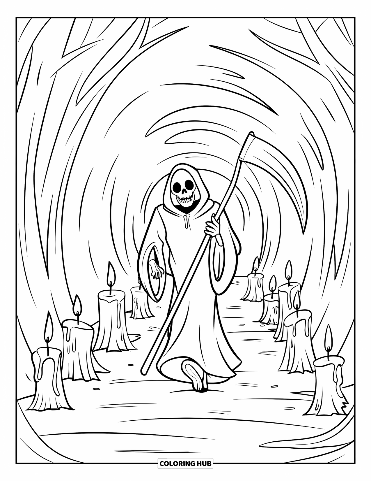 Grim Reaper Coloring Page for Kids: A cloaked Reaper enters a forest tunnel lined with candles and mystery