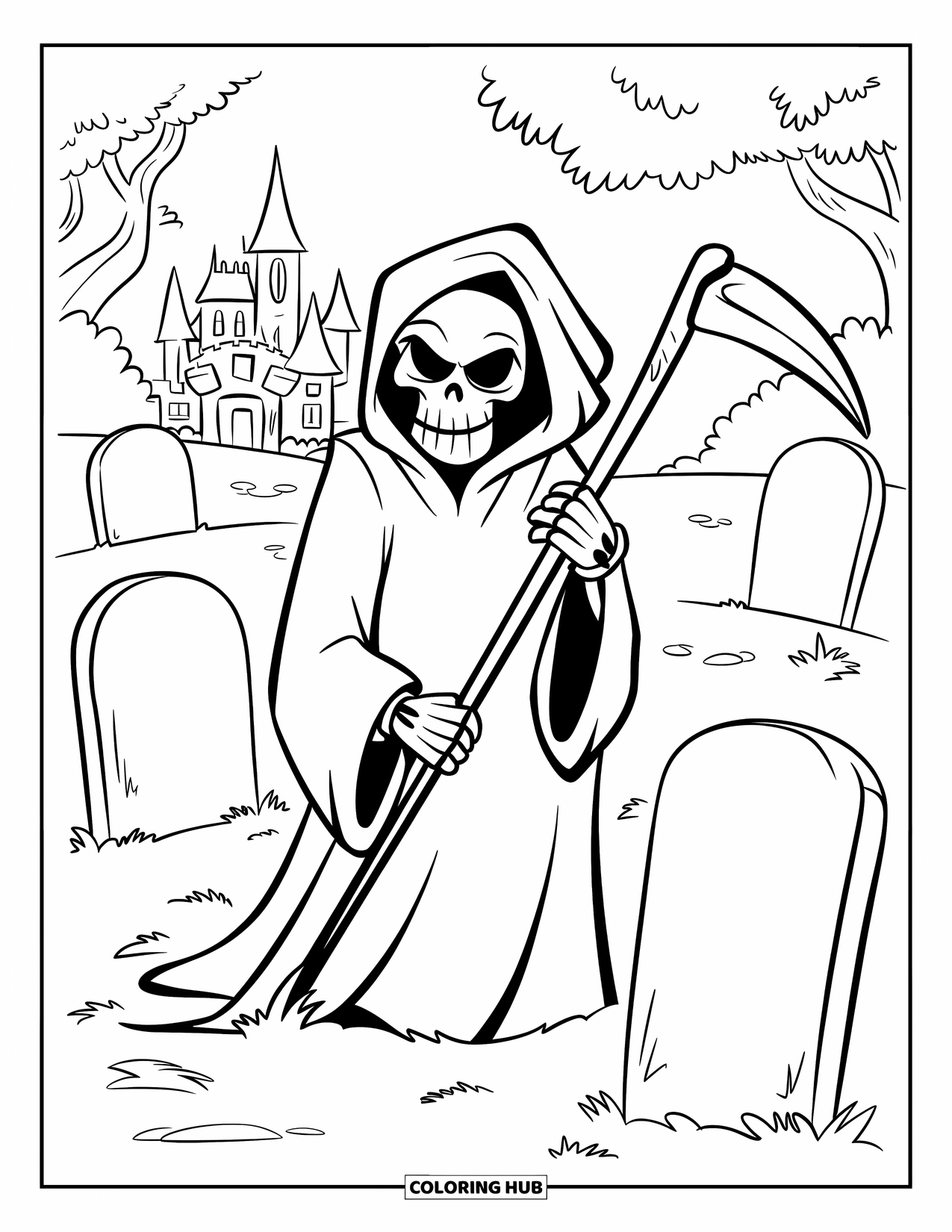 Grim Reaper Coloring Page for Kids: A cloaked Reaper stands among cartoon tombstones with a distant castle behind