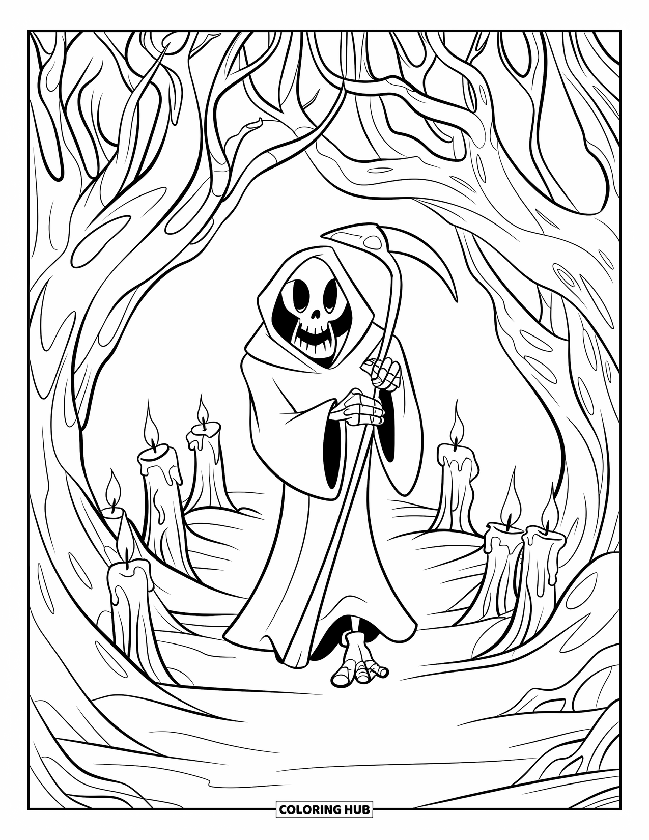 Grim Reaper Coloring Page for Kids: A forest tunnel glows with candles as the Reaper walks through in silence