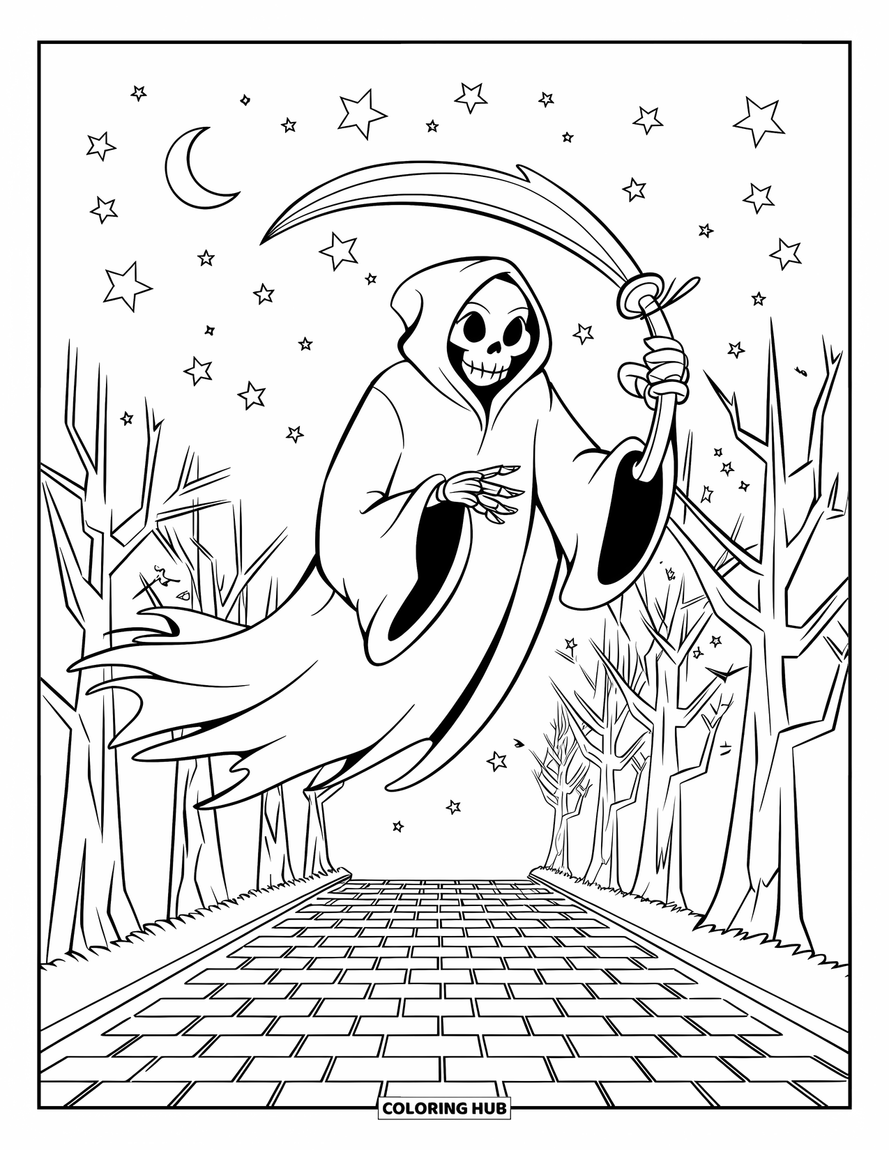 Grim Reaper Coloring Page for Kids: A hooded Reaper floats under a moonlit sky above cobblestone roads and trees