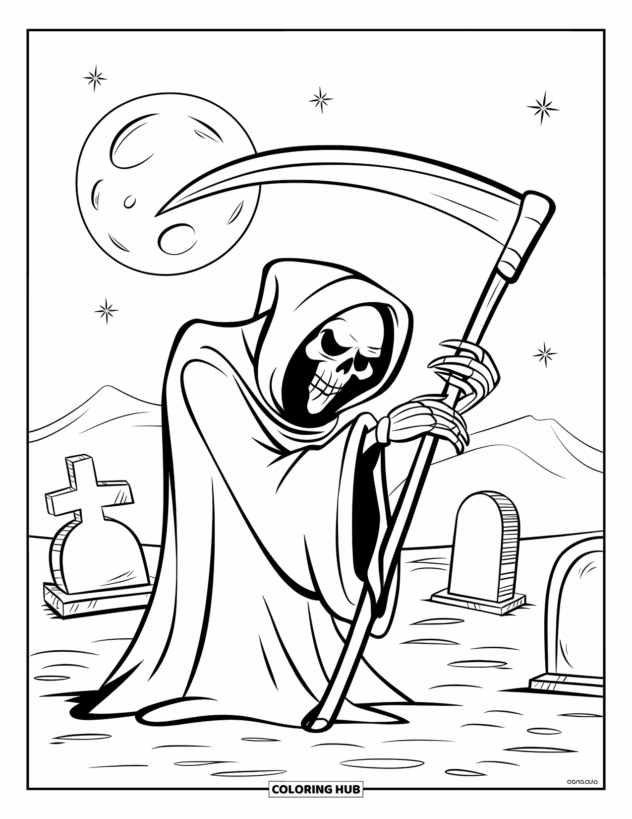 Grim Reaper Coloring Page for Kids: A misty graveyard surrounds the Reaper as he leans on his scythe
