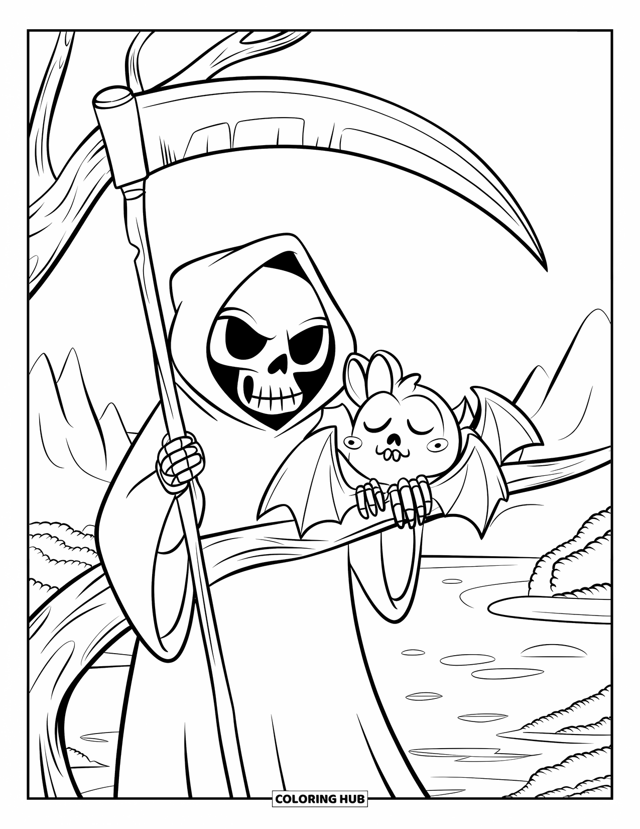 Grim Reaper Coloring Page for Kids: A quiet forest scene shows the Reaper and bat near mountains and water