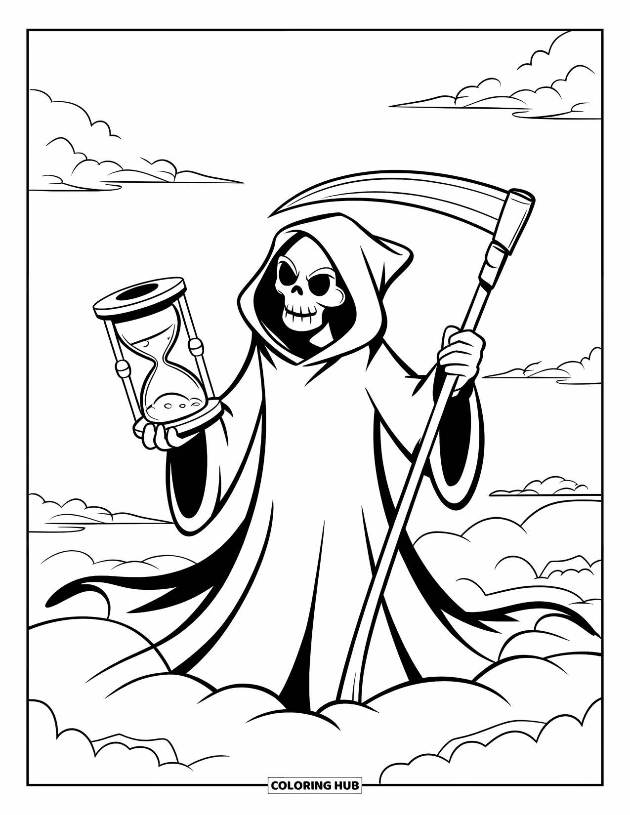 Grim Reaper Coloring Page for Kids: A Reaper floats on a cloud holding a scythe and hourglass above the sky