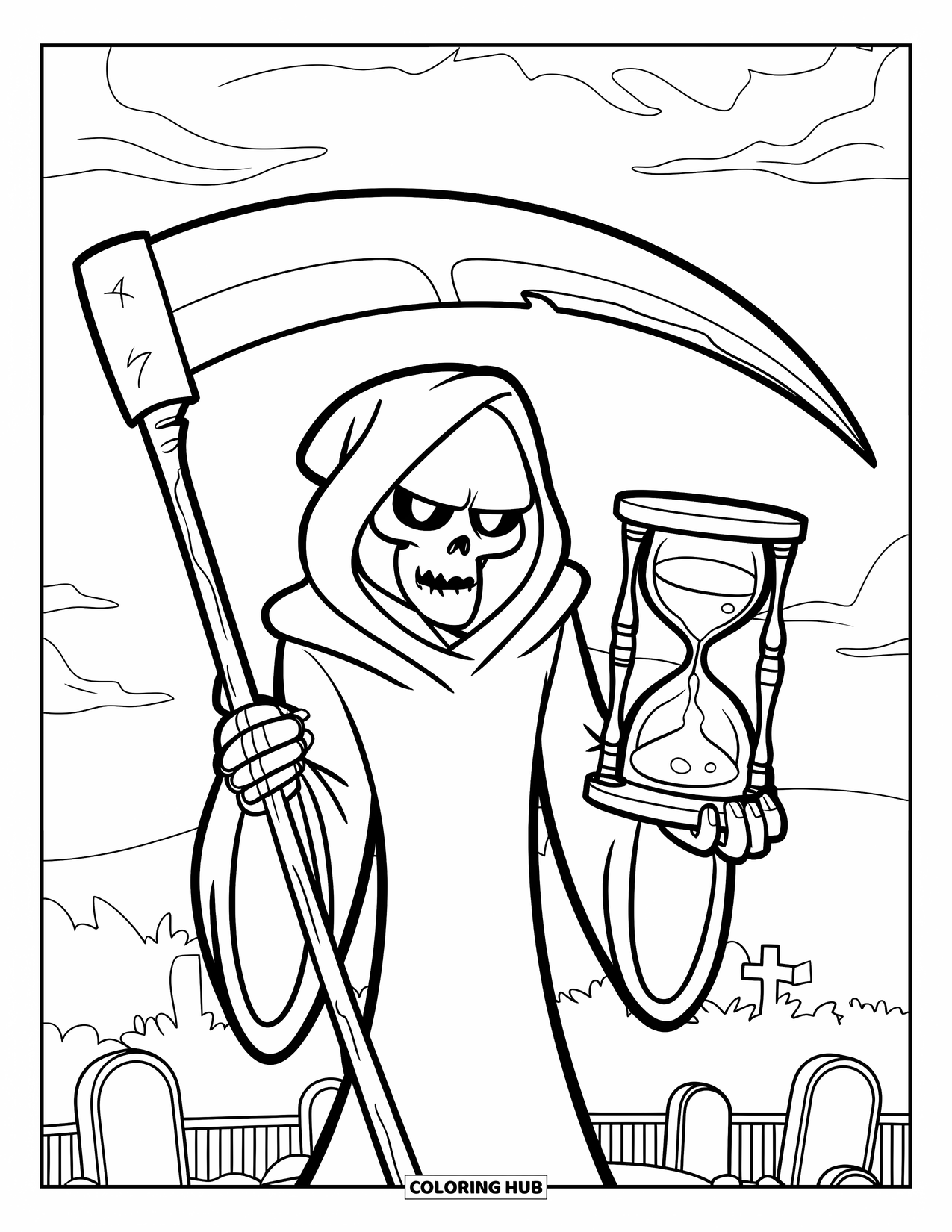 Grim Reaper Coloring Page for Kids: A Reaper hovers in the sky above a graveyard, holding an hourglass and scythe