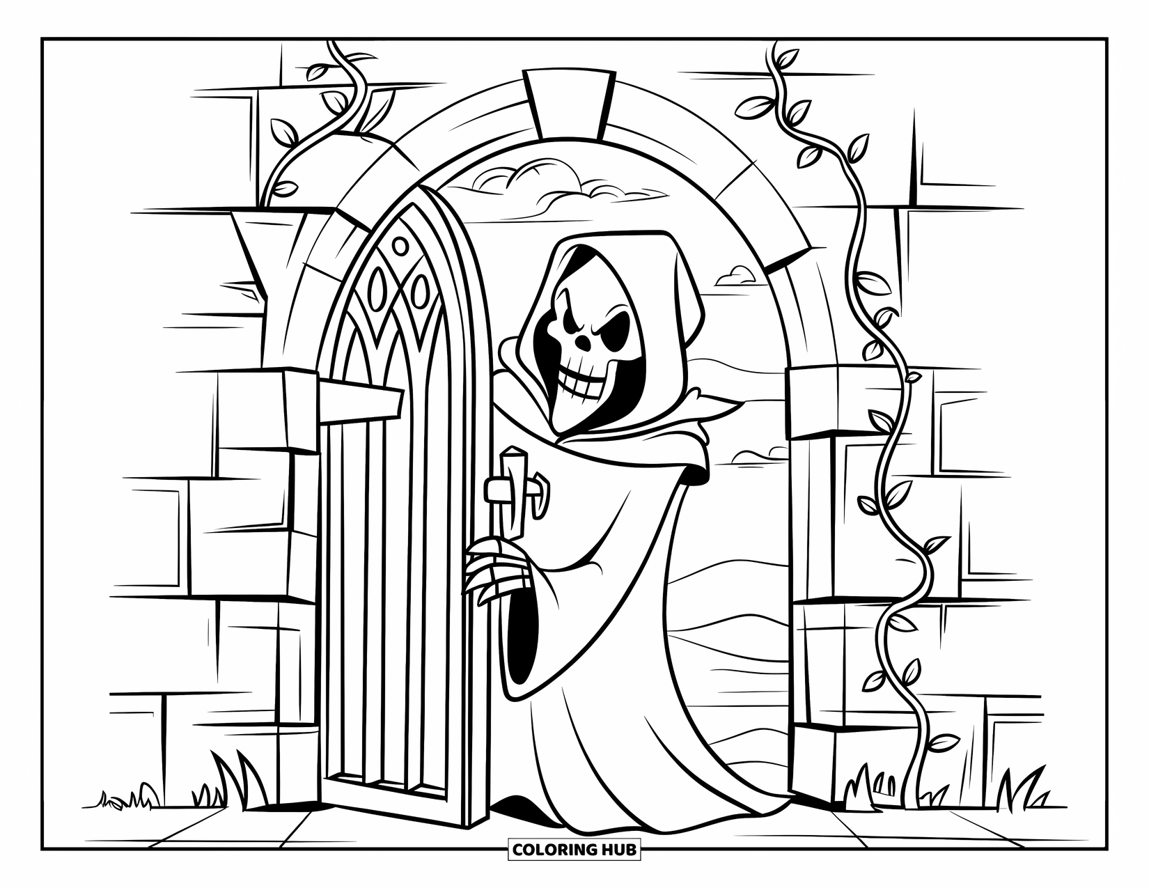 Grim Reaper Coloring Page for Kids: A robed Reaper opens a gothic door beneath a dark, cloudy sky