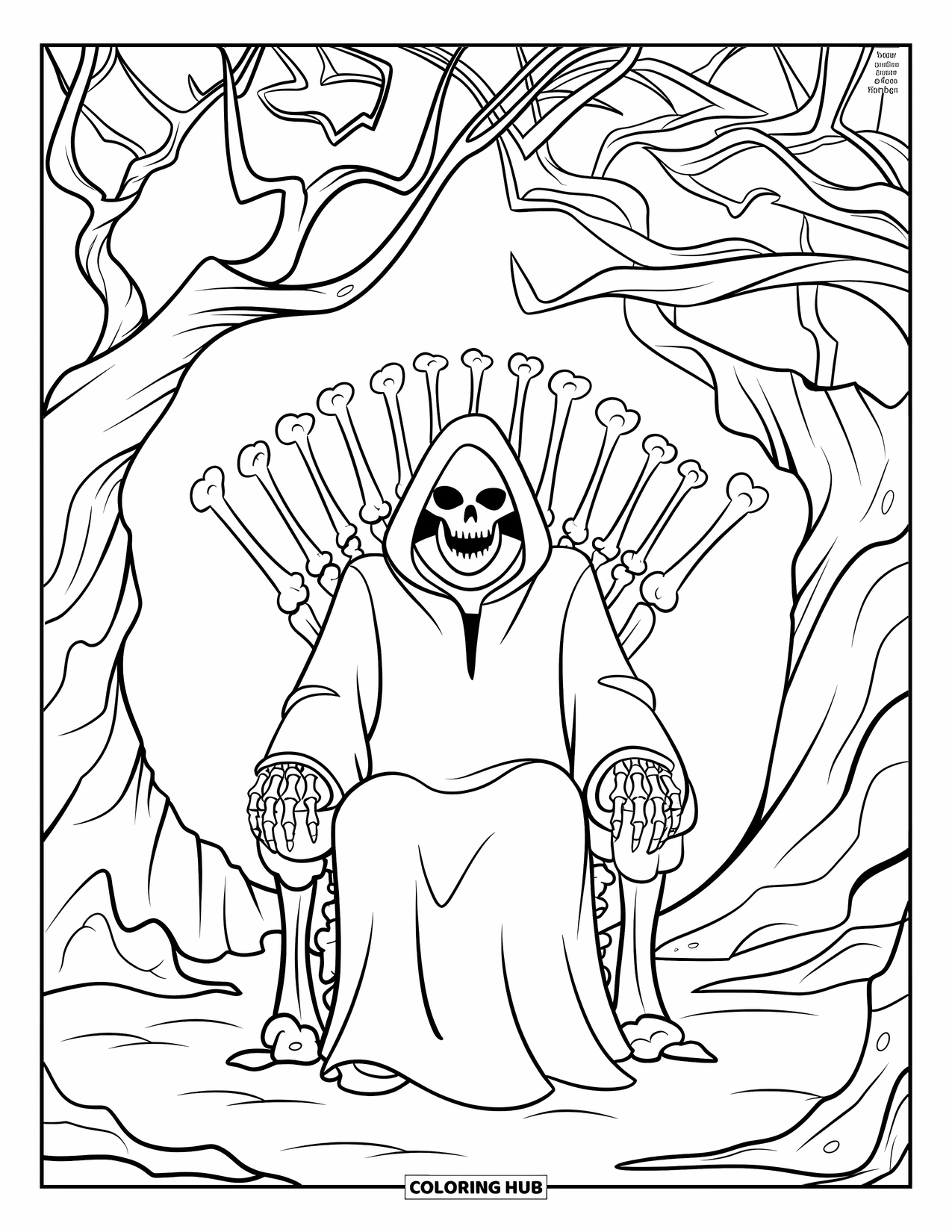 Grim Reaper Coloring Page for Kids: A robed Reaper sits on a throne of bones in a shadowy forest