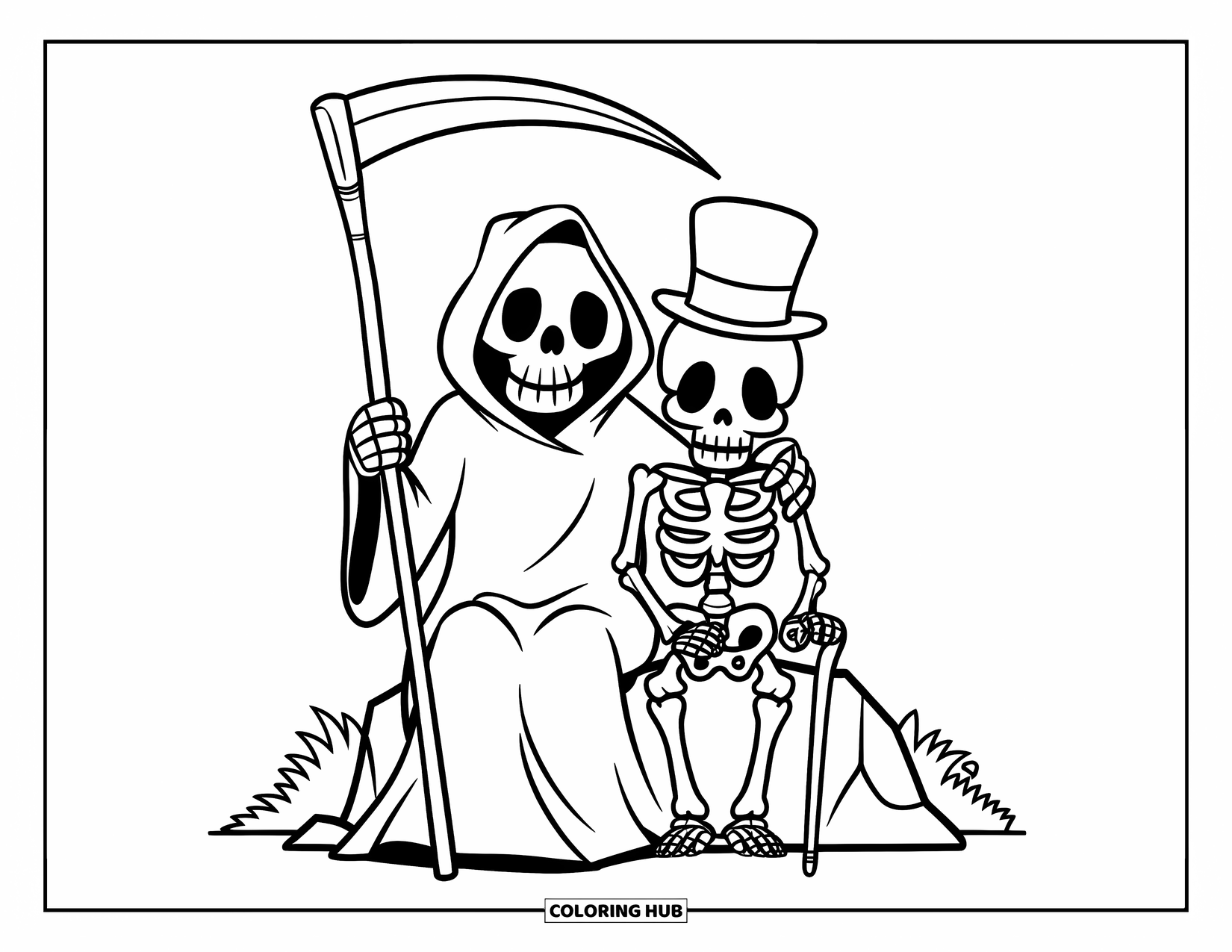 Grim Reaper Coloring Page for Kids: A skeleton in a top hat sits beside the Reaper in a grassy field