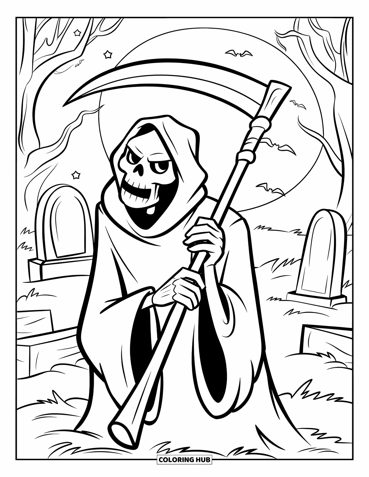 Grim Reaper Coloring Page for Kids: A tired Reaper rests on his scythe under spooky trees and moonlight