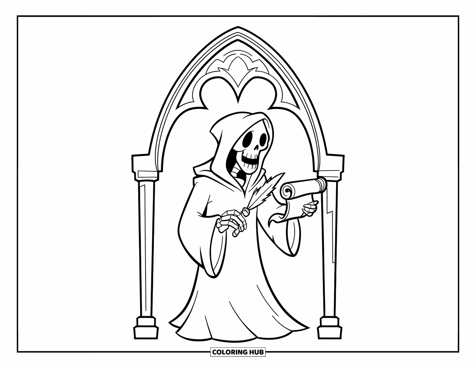 Grim Reaper Coloring Page for Kids: The Grim Reaper holds a scroll and quill under a gothic archway
