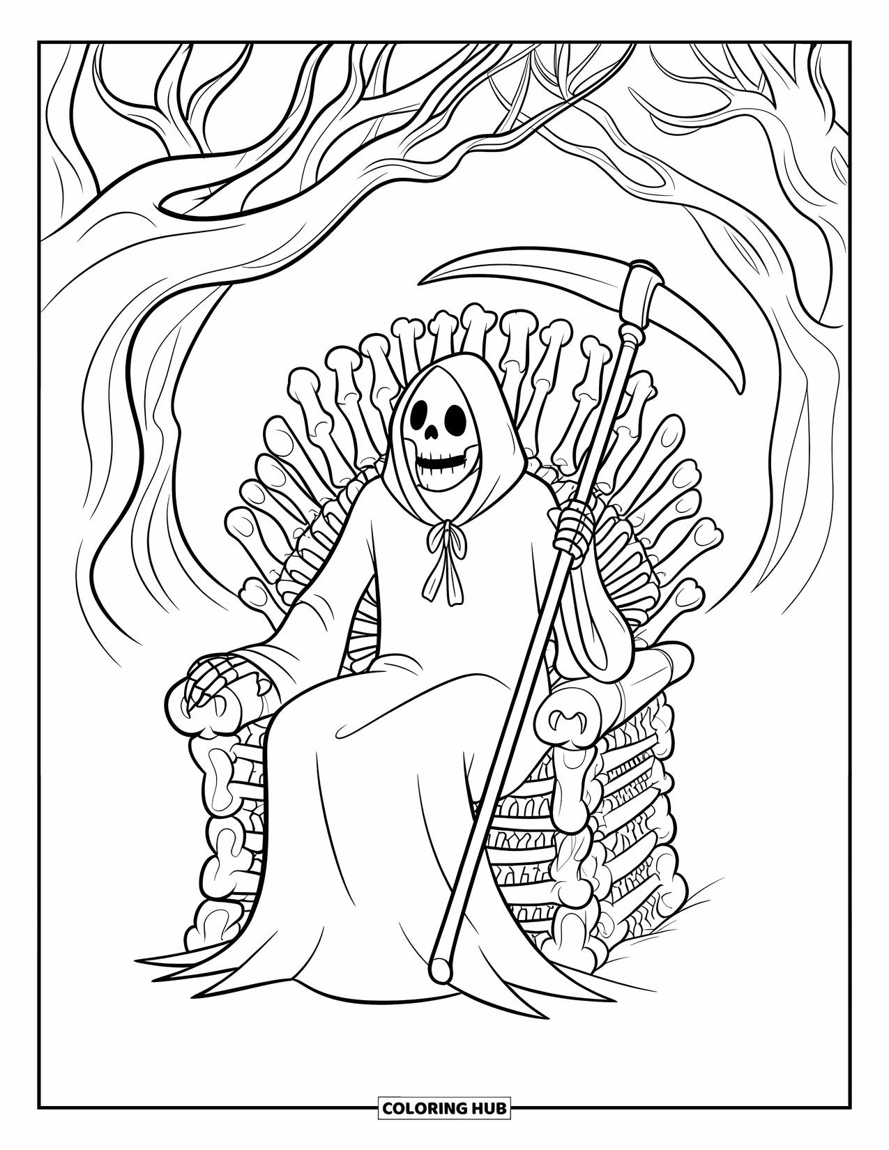 Grim Reaper Coloring Page for Kids: The Grim Reaper sits on a throne of bones beneath twisted trees