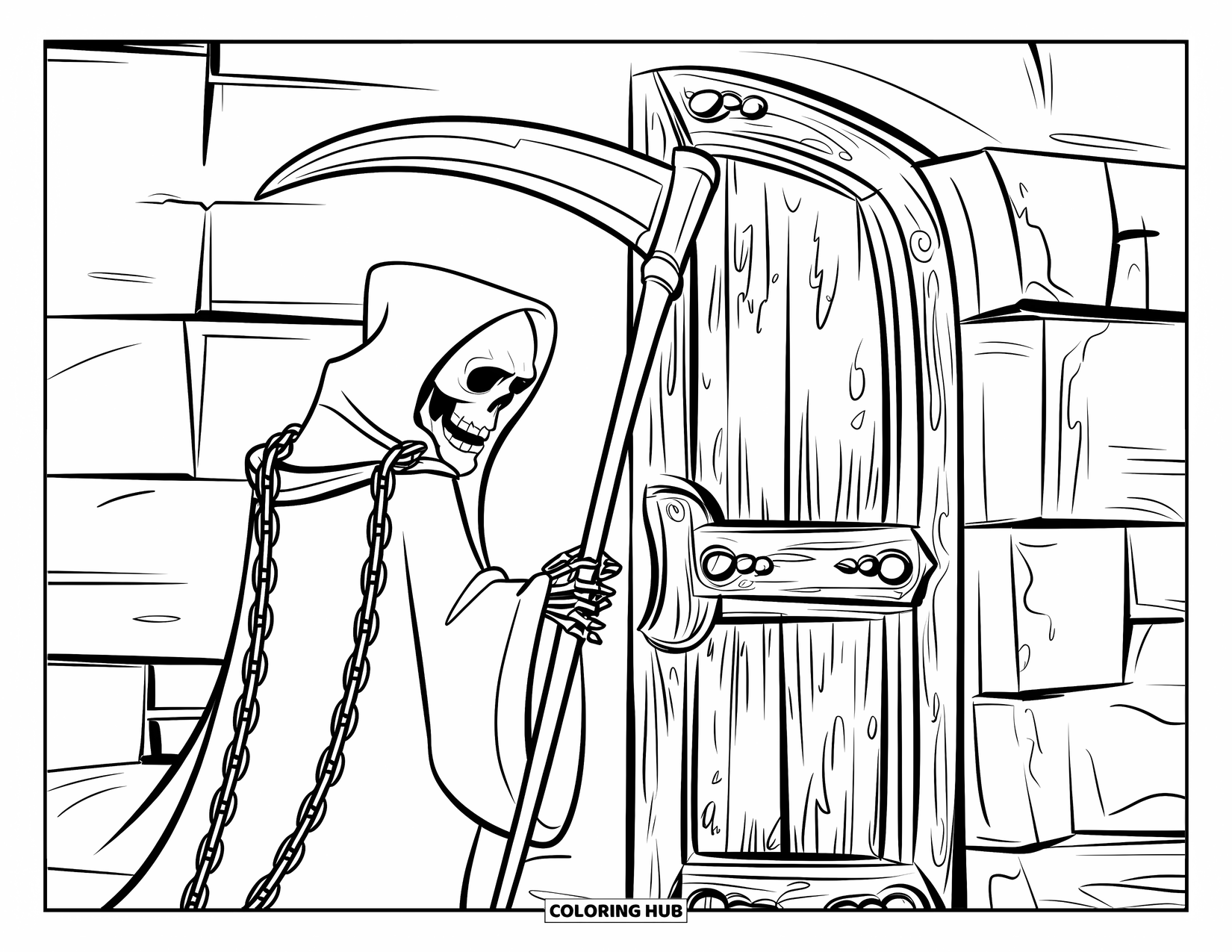 Grim Reaper Coloring Page for Kids: The Grim Reaper stands before an ancient door, with chains draped from his cloak