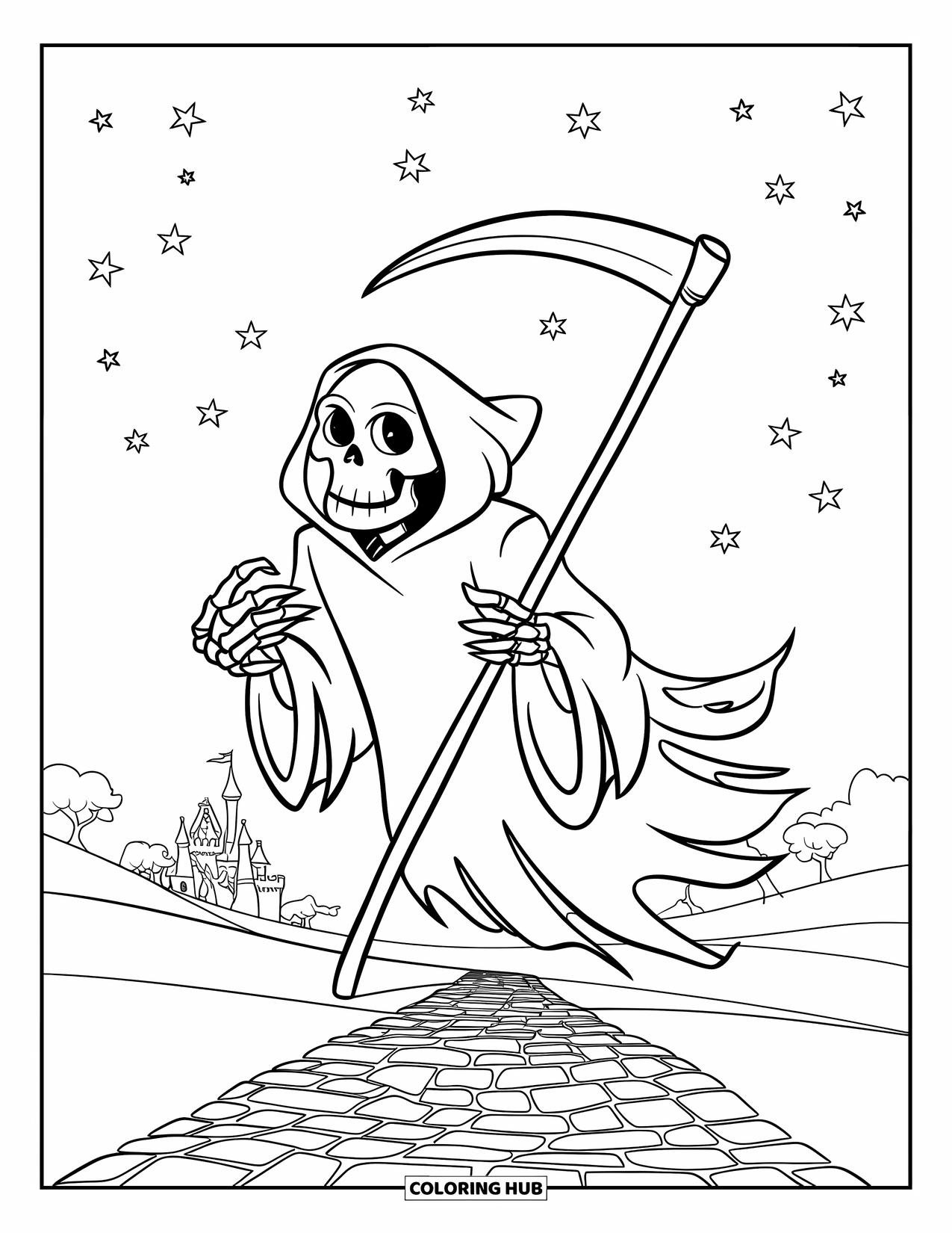 Grim Reaper Coloring Page for Kids: The Reaper glides along a stone path beneath stars and a crescent moon