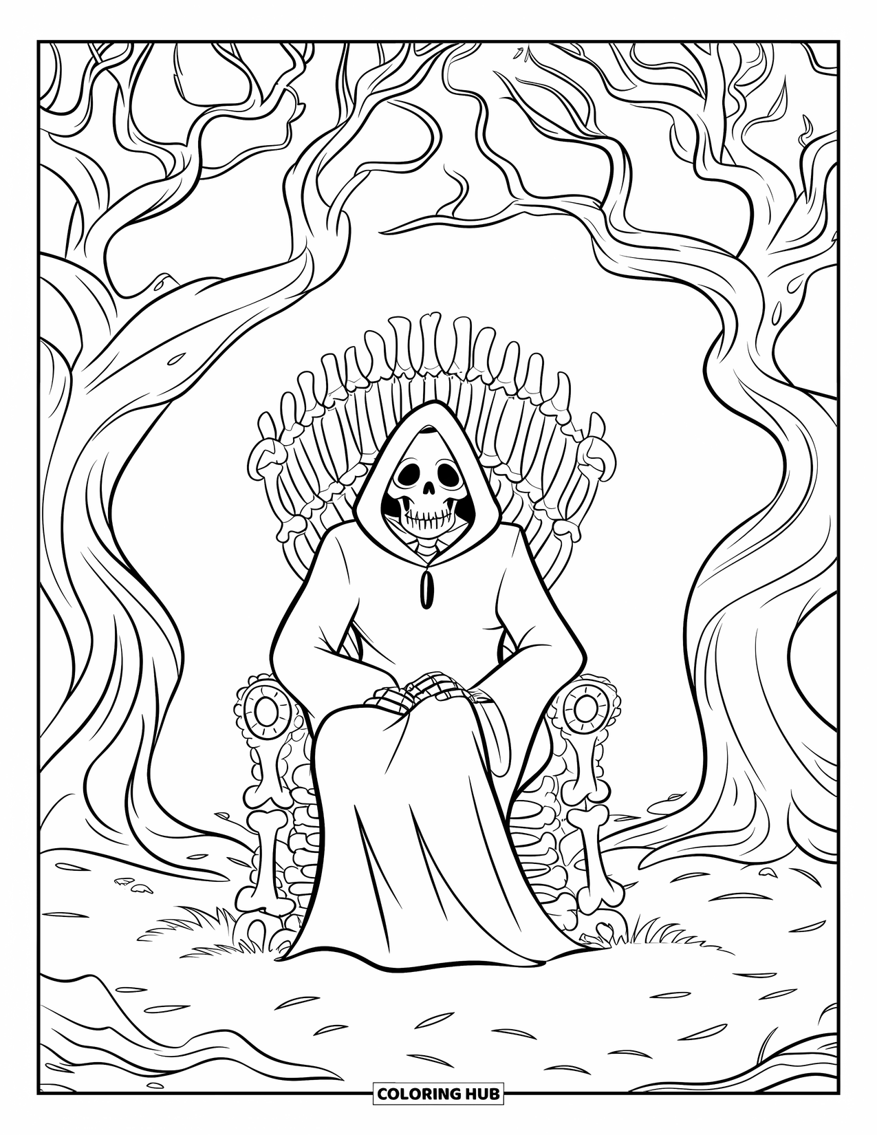 Grim Reaper Coloring Page for Kids: The Reaper rests on a throne of bones under eerie, gnarled trees
