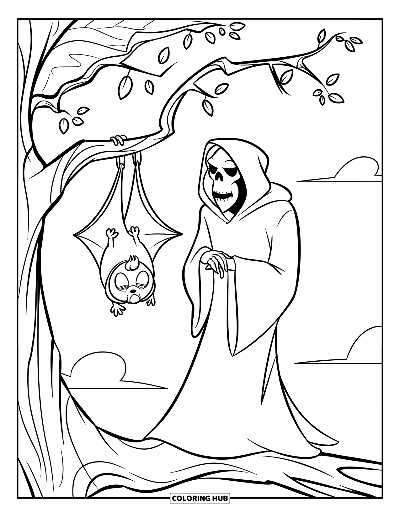 Grim Reaper Coloring Page for Kids: The Reaper stands beside a sleepy bat in a tree under a bright sky