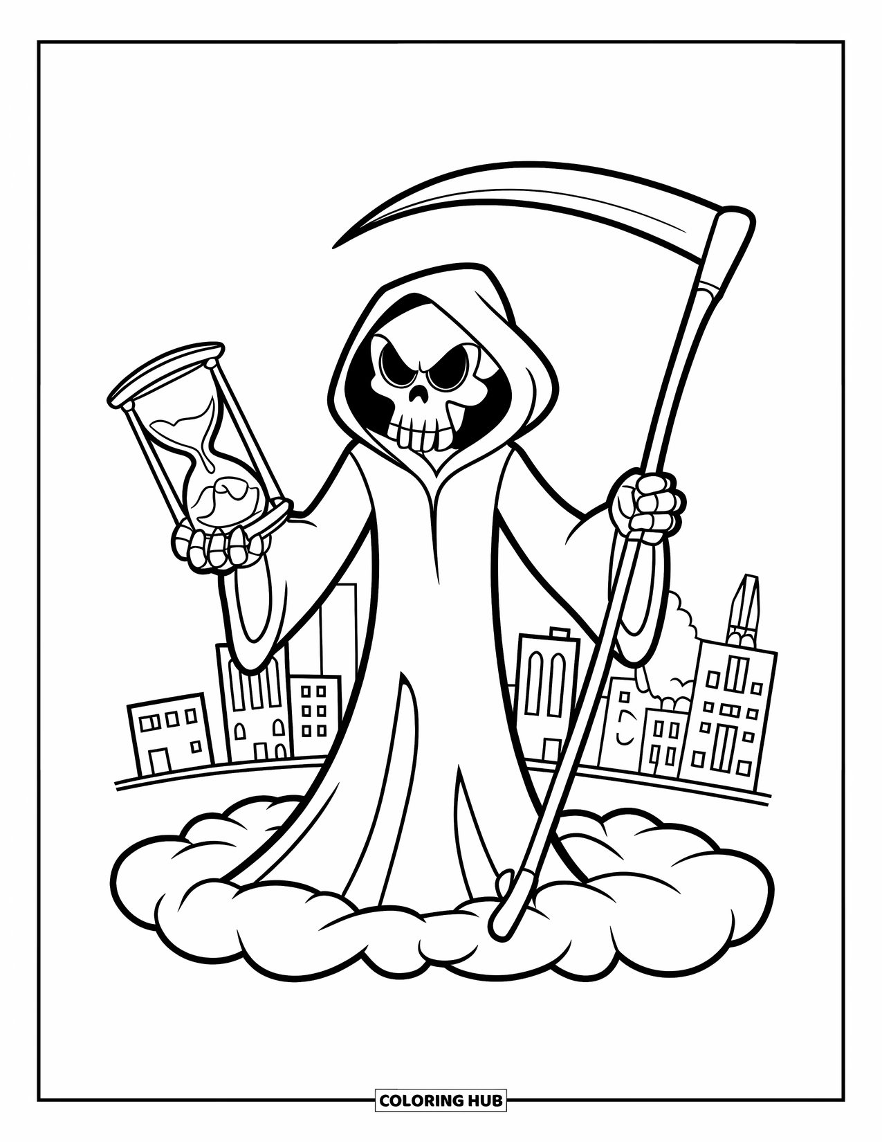 Grim Reaper Coloring Page for Kids: The Reaper stands on a cloud with a city below and tools of time in hand