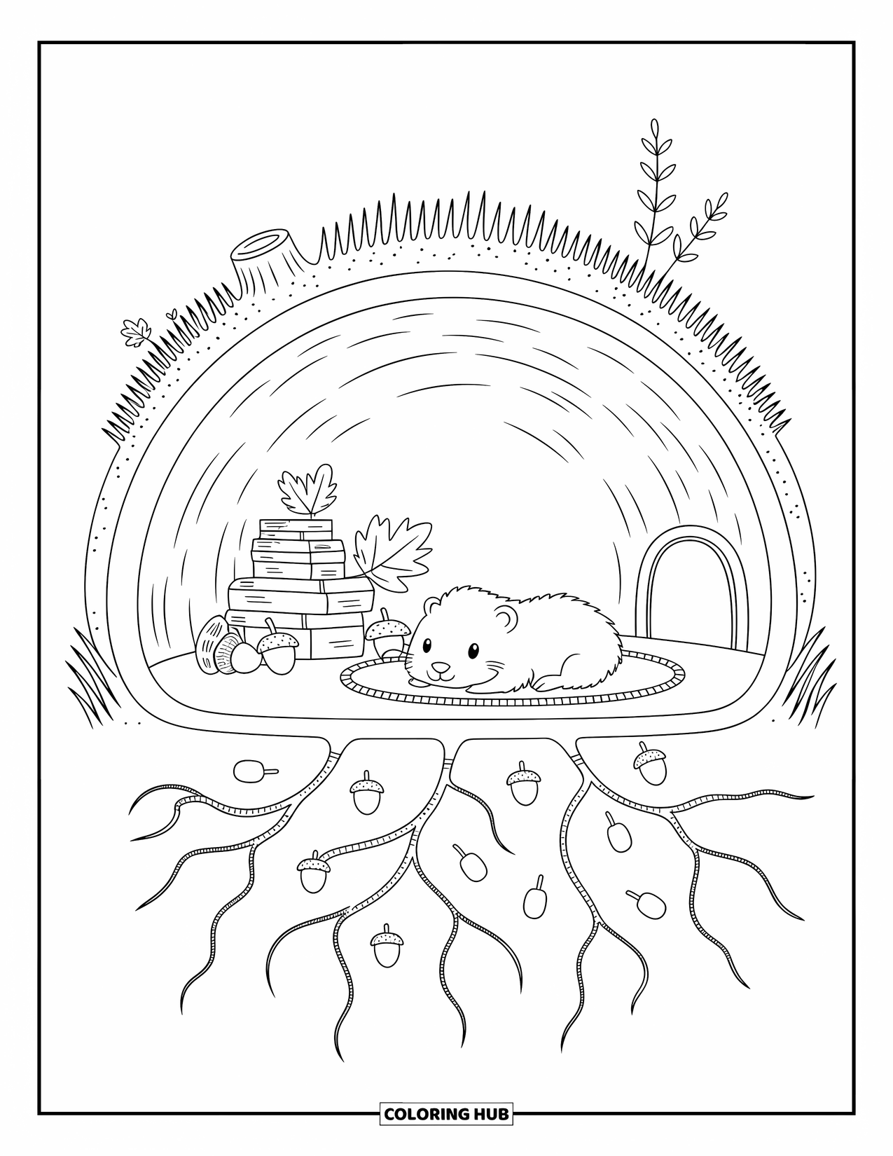 Groundhog Coloring Page for Adults: Cross-section of hill showing groundhog in burrow with leaves, acorns, and tunnel