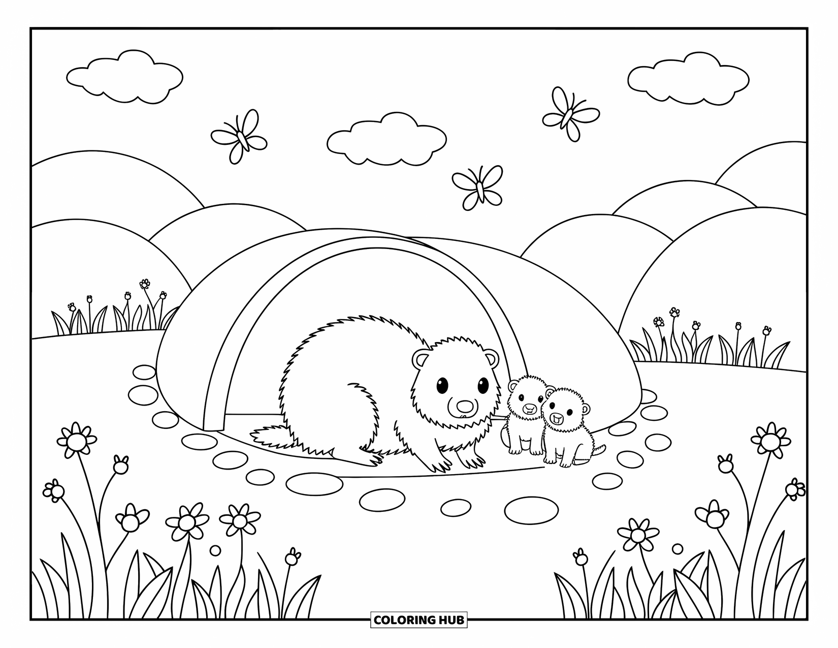 Groundhog Coloring Page for Adults: Groundhog family beside burrow with flowers, hills, butterflies, and clouds