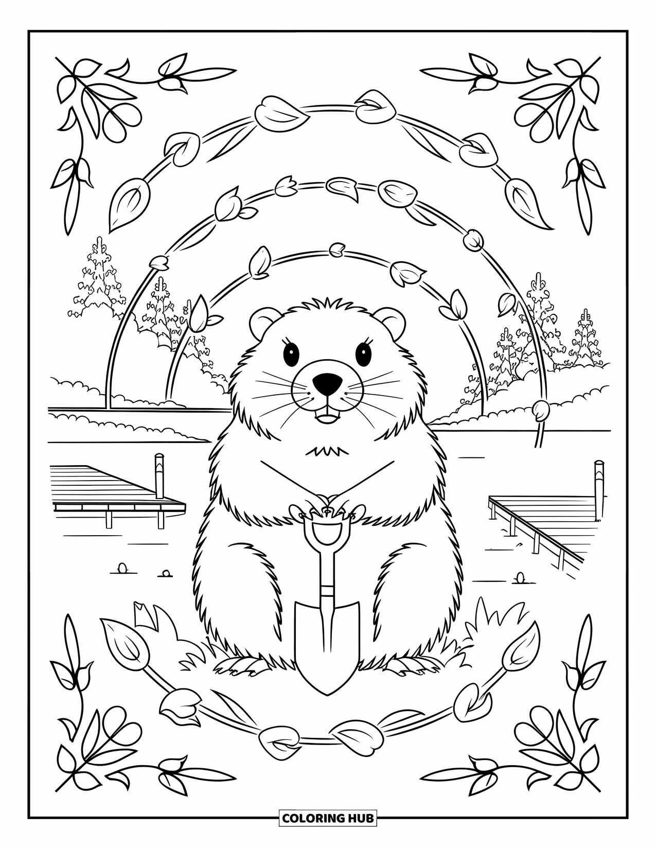 Groundhog Coloring Page for Adults: Groundhog holding shovel framed by vines and petals in landscape