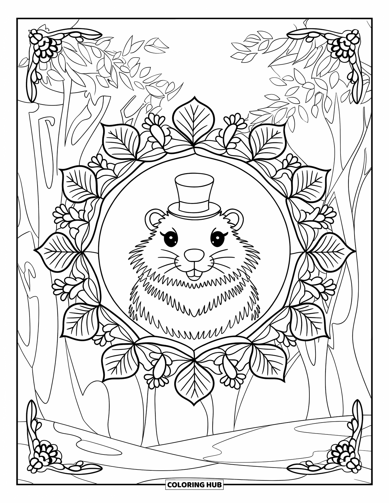 Groundhog Coloring Page for Adults: Groundhog in botanical mandala with top hat in forest setting