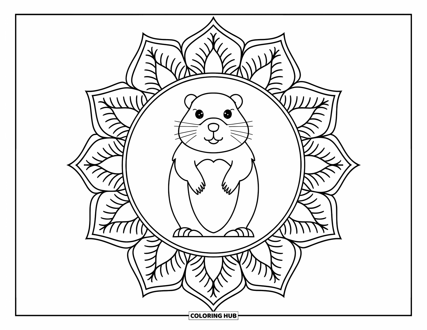 Groundhog Coloring Page for Adults: Groundhog in leafy mandala frame inside a white circle
