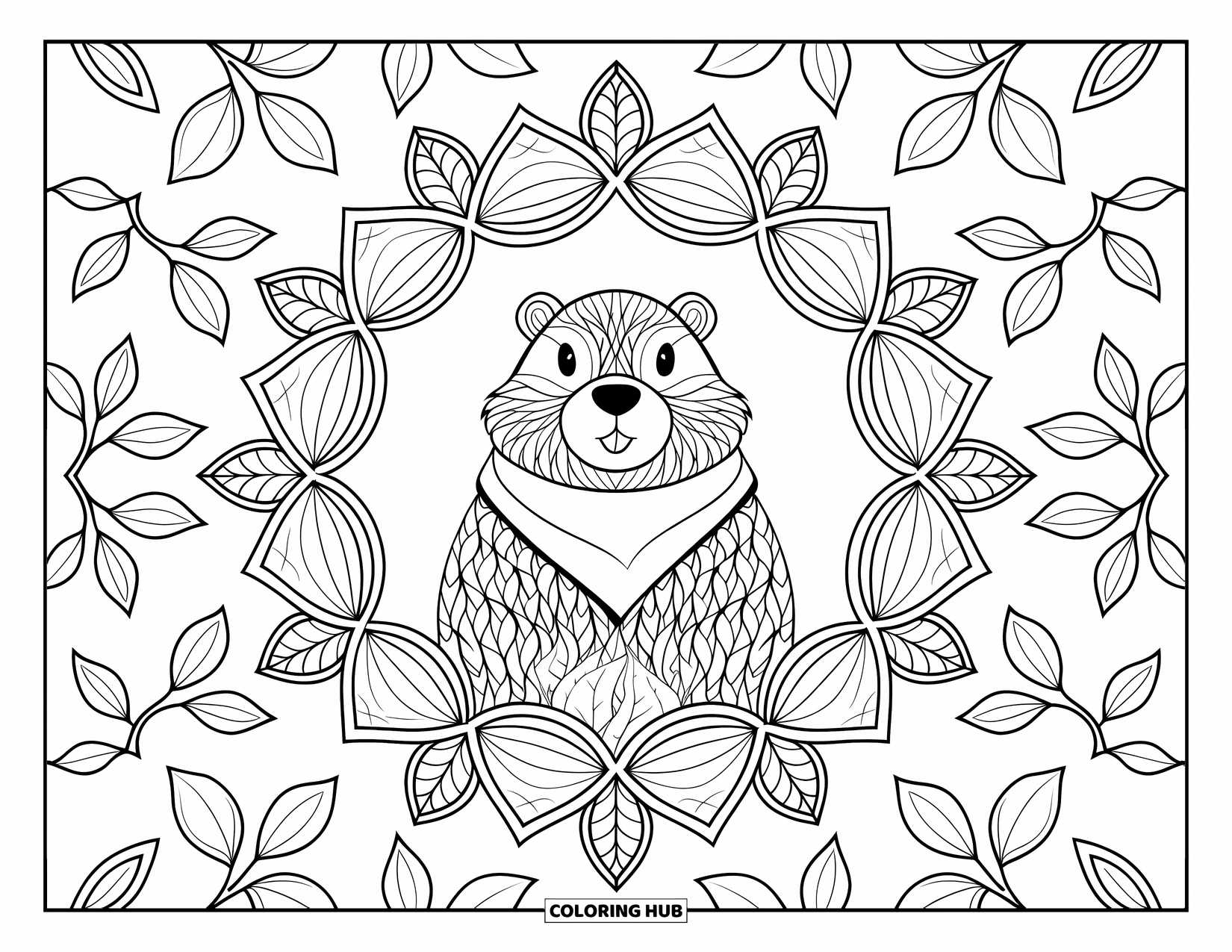 Groundhog Coloring Page for Adults: Groundhog in red scarf framed by leafy mandala patterns