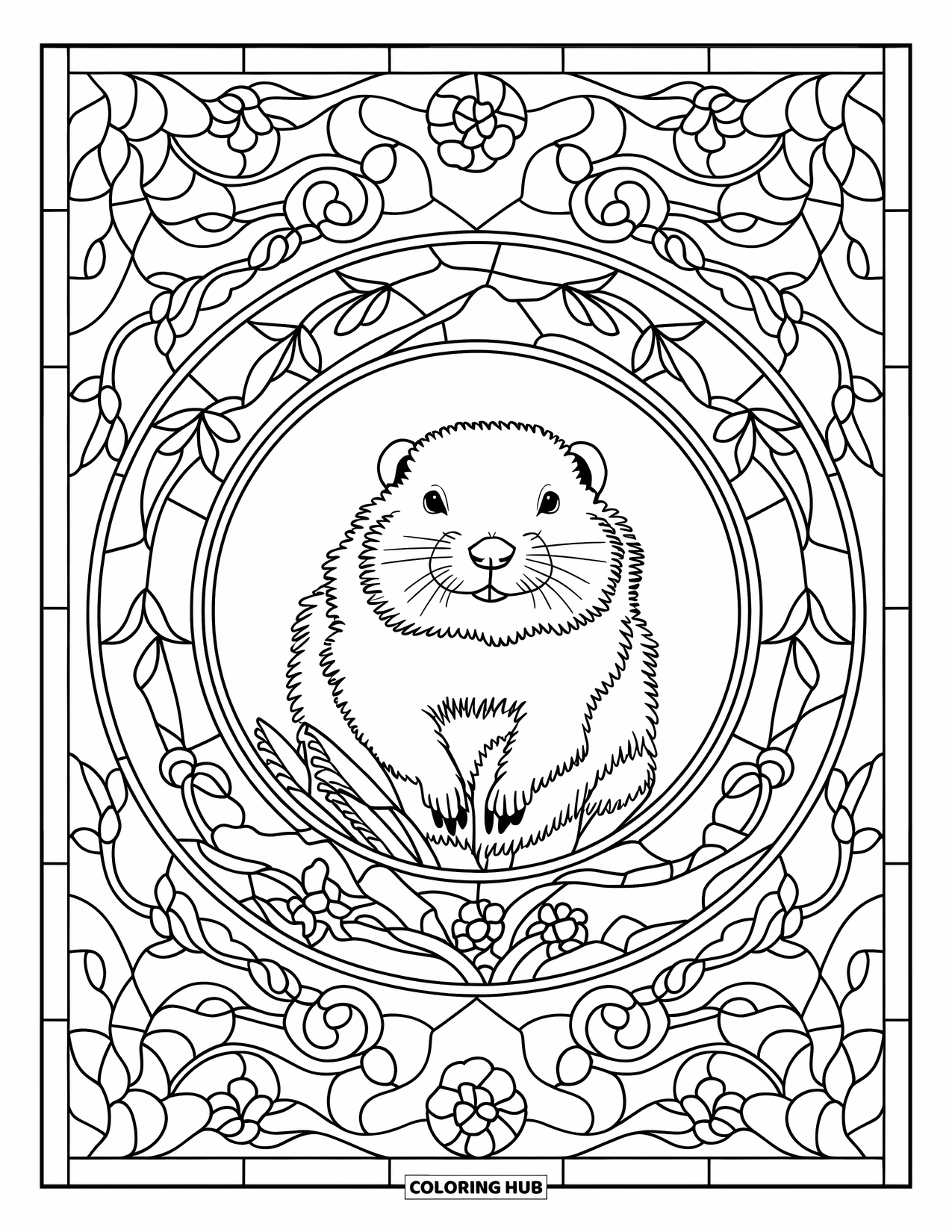 Groundhog Coloring Page for Adults: Groundhog in stained glass design with swirls and branches