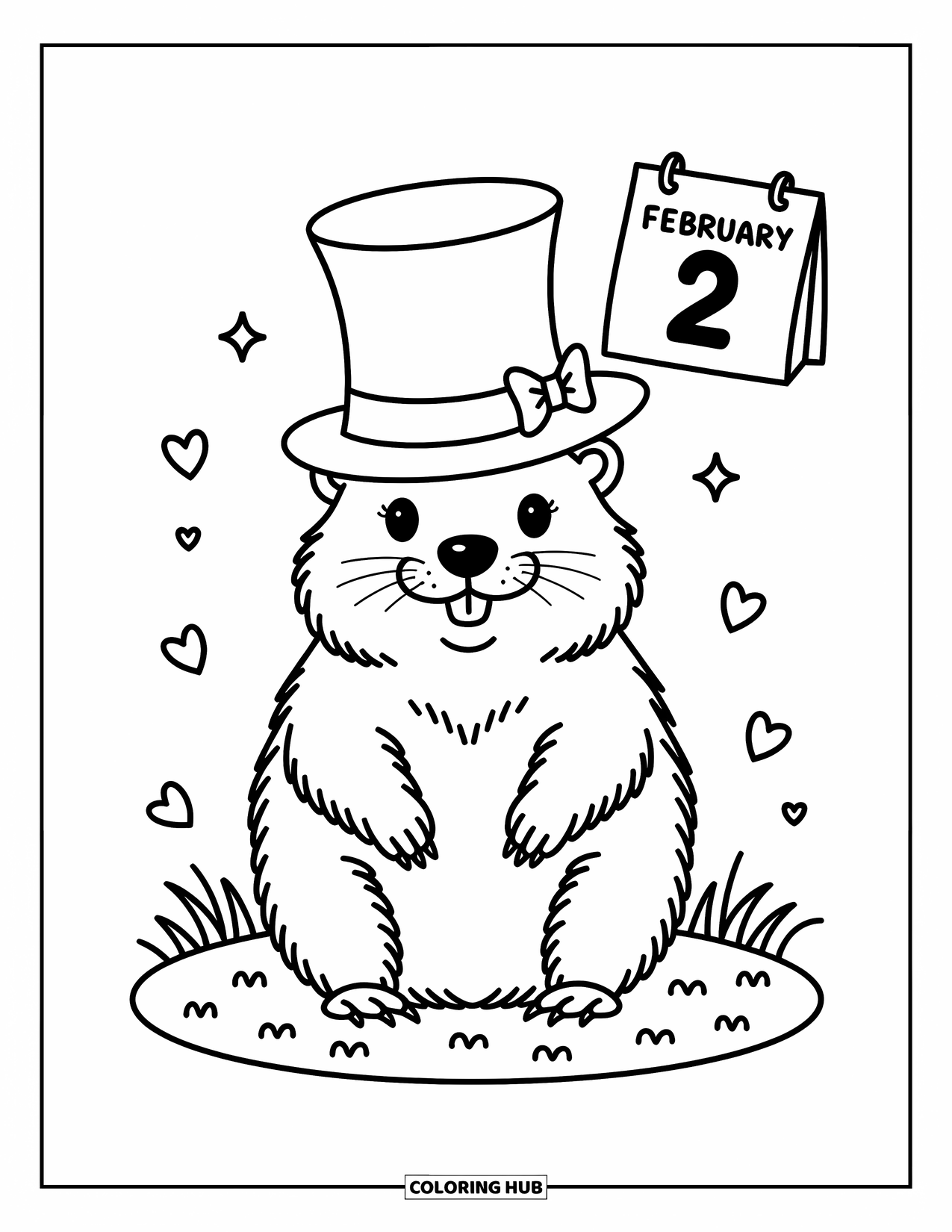 Groundhog Coloring Page for Adults: Groundhog in top hat with calendar and scattered confetti stars and hearts