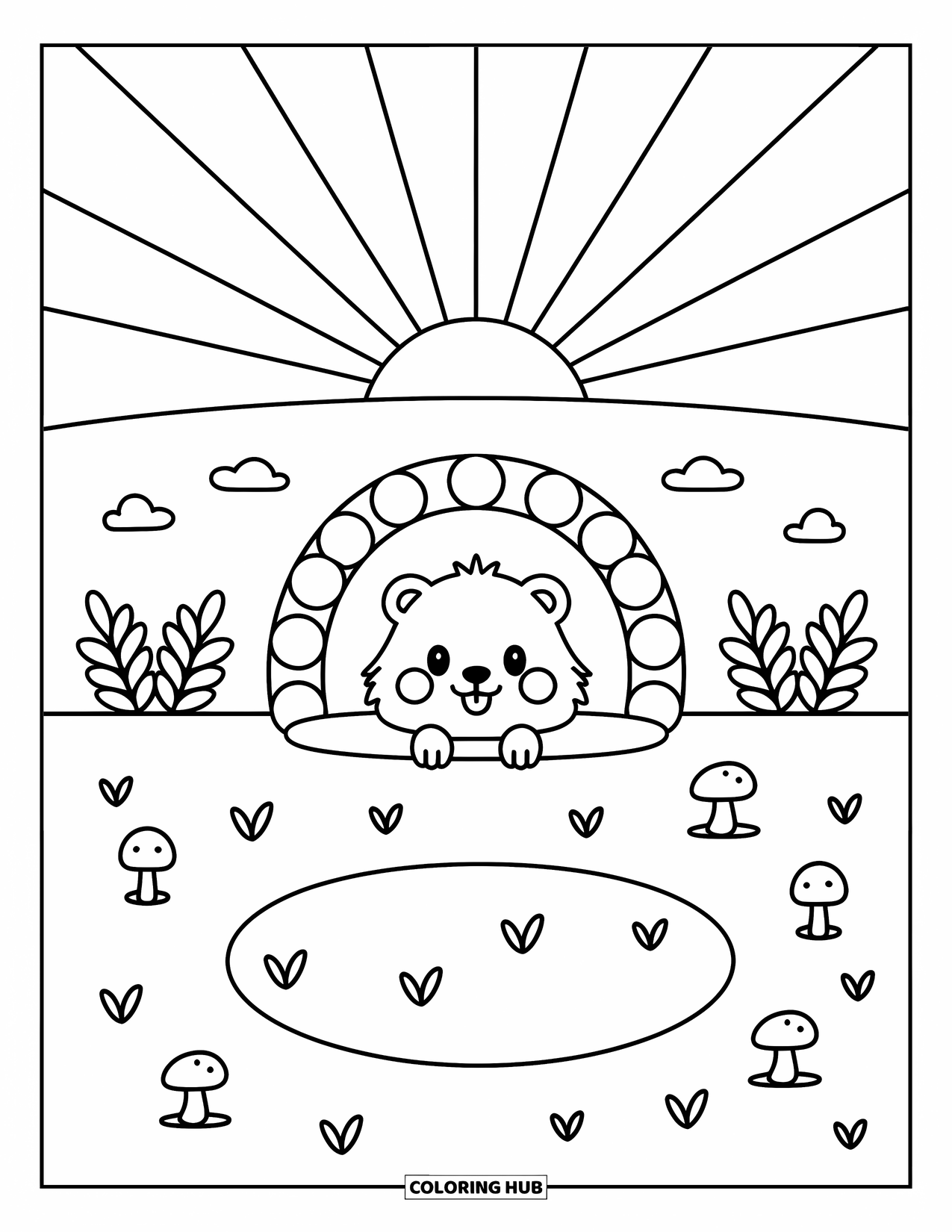 Groundhog Coloring Page for Adults: Groundhog peeking from burrow with sunrise, clouds, mushrooms, and tiny leaves