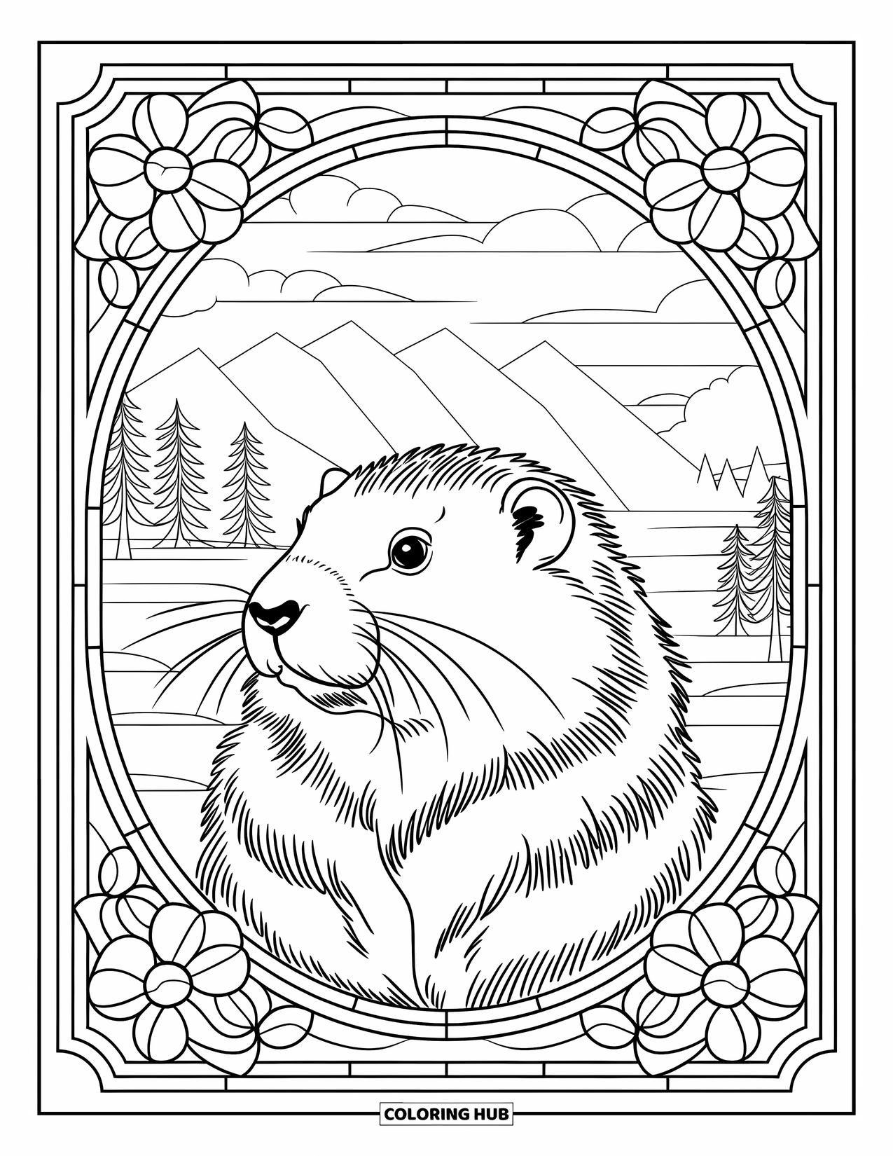 Groundhog Coloring Page for Adults: Groundhog portrait in floral stained glass frame with mountain view