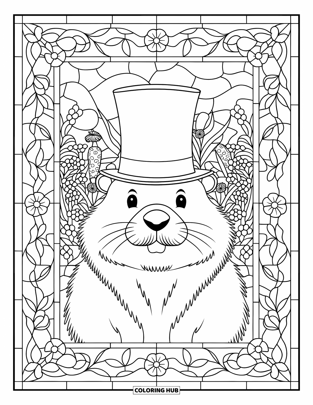 Groundhog Coloring Page for Adults: Groundhog portrait with mustache in floral stained glass garden