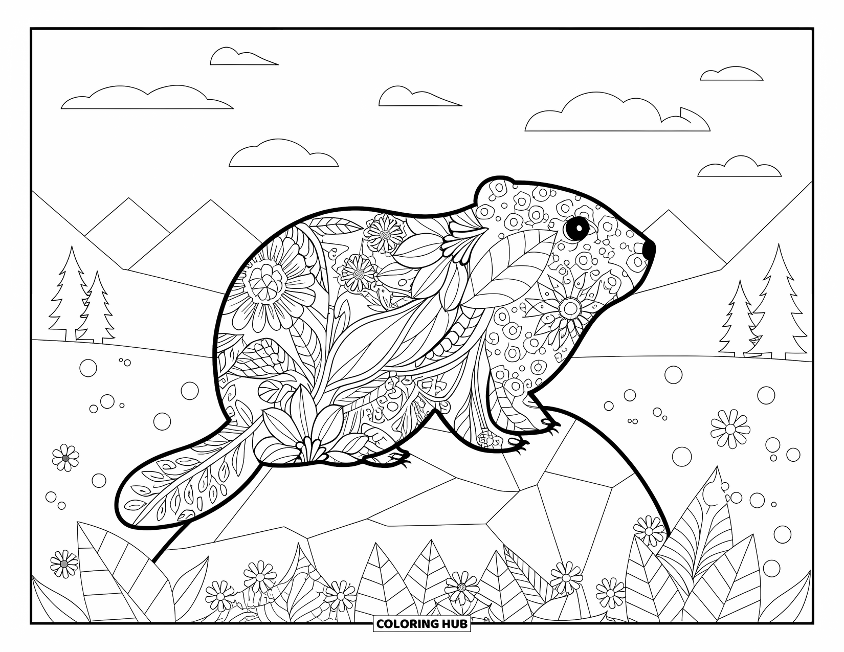 Groundhog Coloring Page for Adults: Groundhog silhouette on rock surrounded by flowers and vines