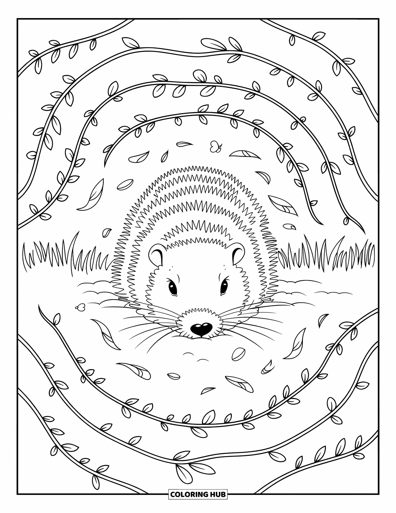Groundhog Coloring Page for Adults: Groundhog with head buried surrounded by vines and petals