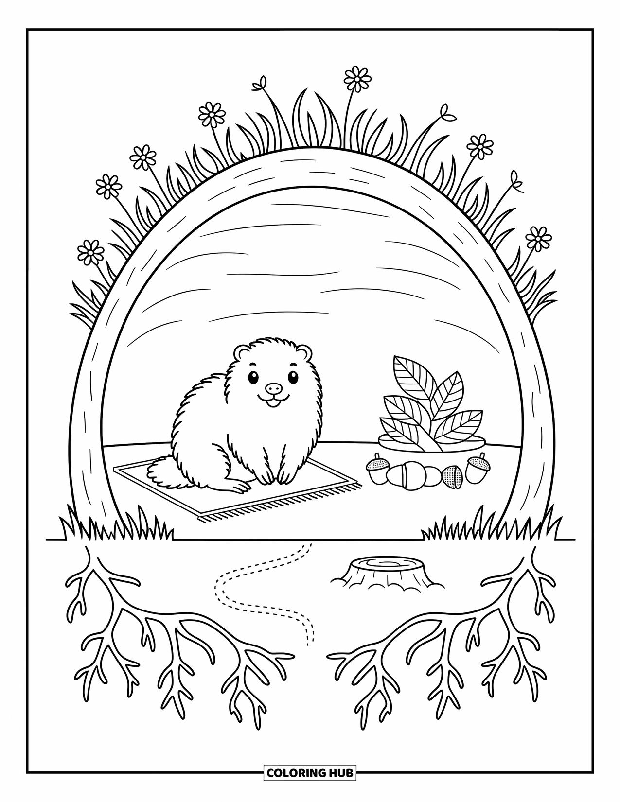 Groundhog Coloring Page for Adults: Hill cross-section with burrow, groundhog, leaves, acorns, grass, and flowers
