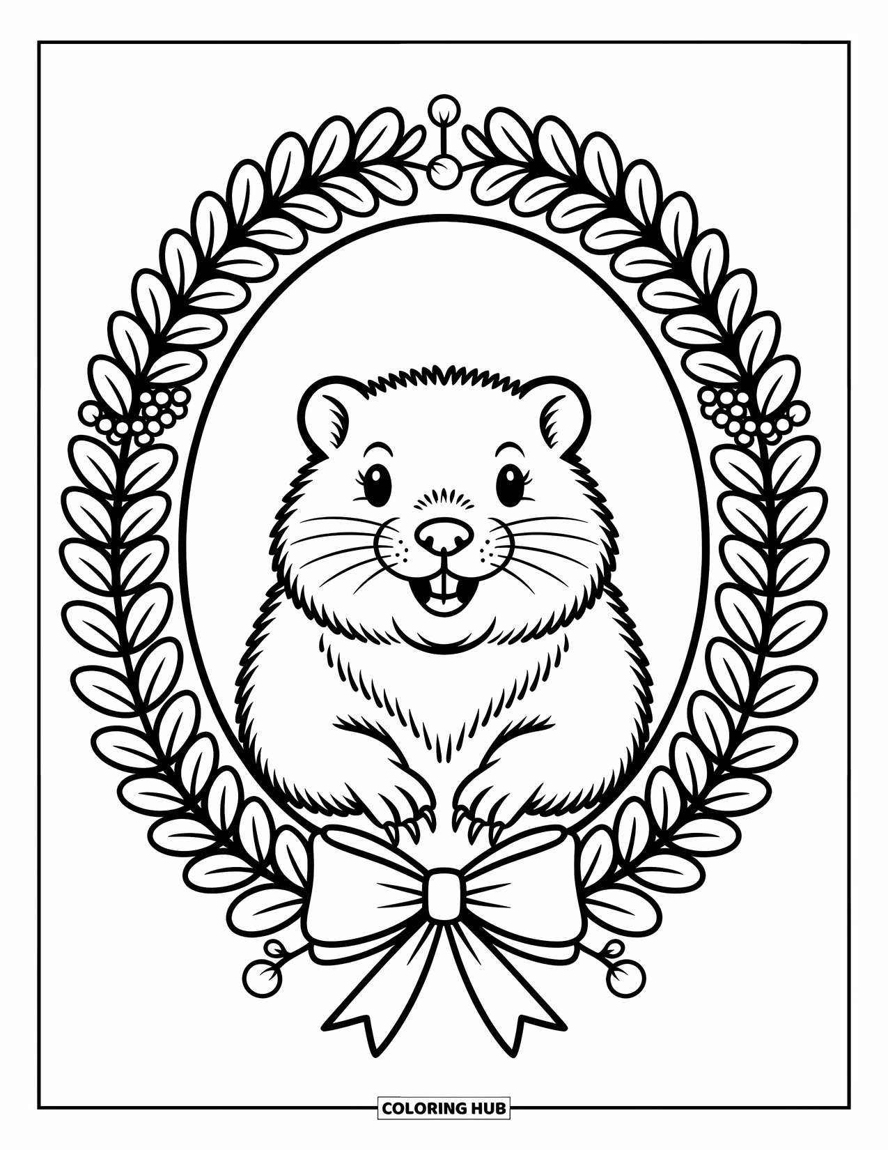 Groundhog Coloring Page for Adults: Smiling groundhog portrait framed by a wreath of leaves, berries, and twigs