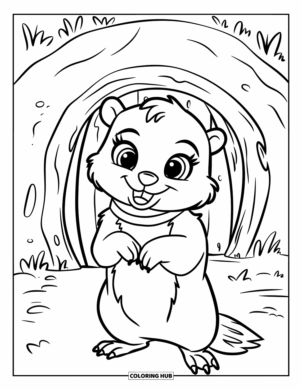 Groundhog Coloring Page for Kids: Big-eyed groundhog in collar standing by round burrow with door