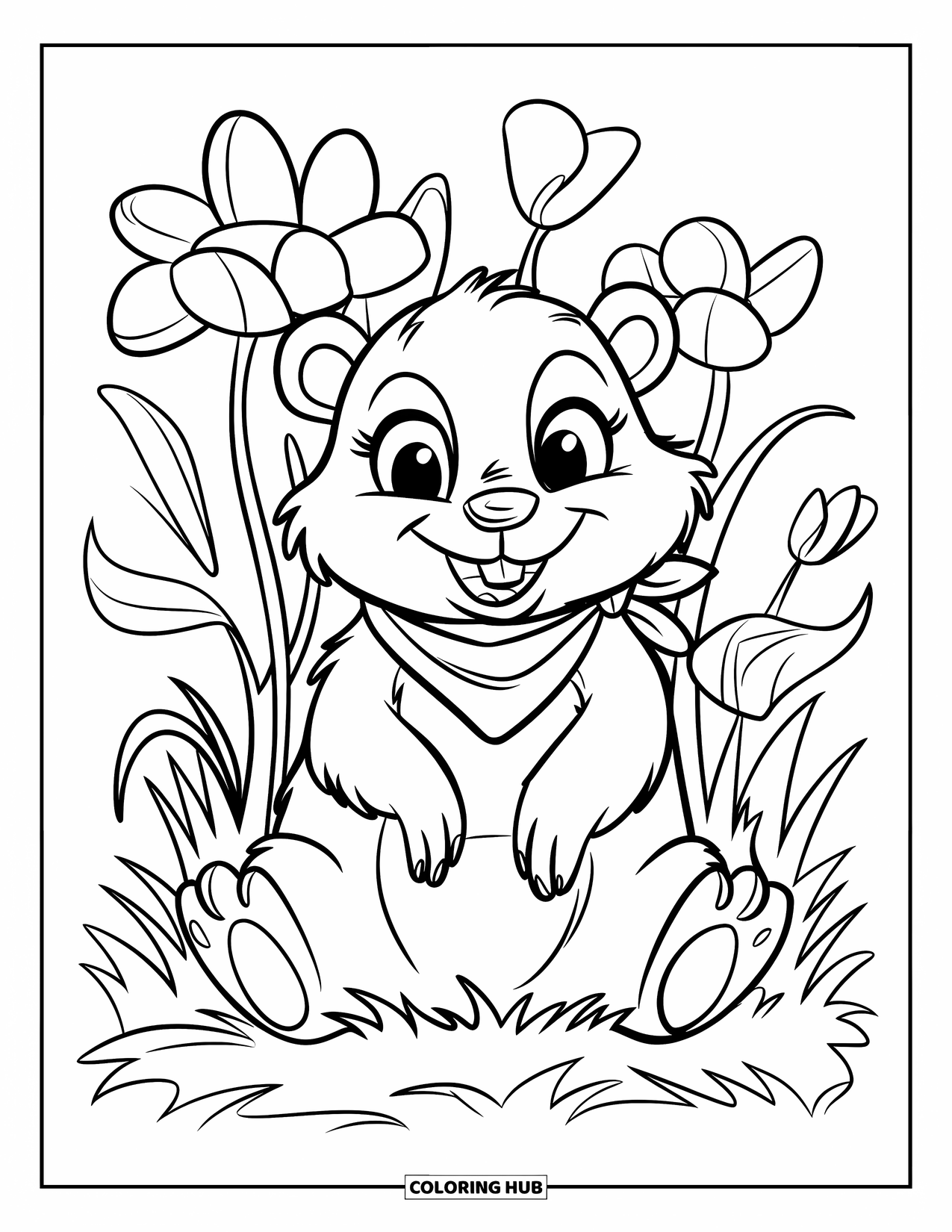 Groundhog Coloring Page for Kids: Big-eyed groundhog in red scarf sitting among grass and flowers