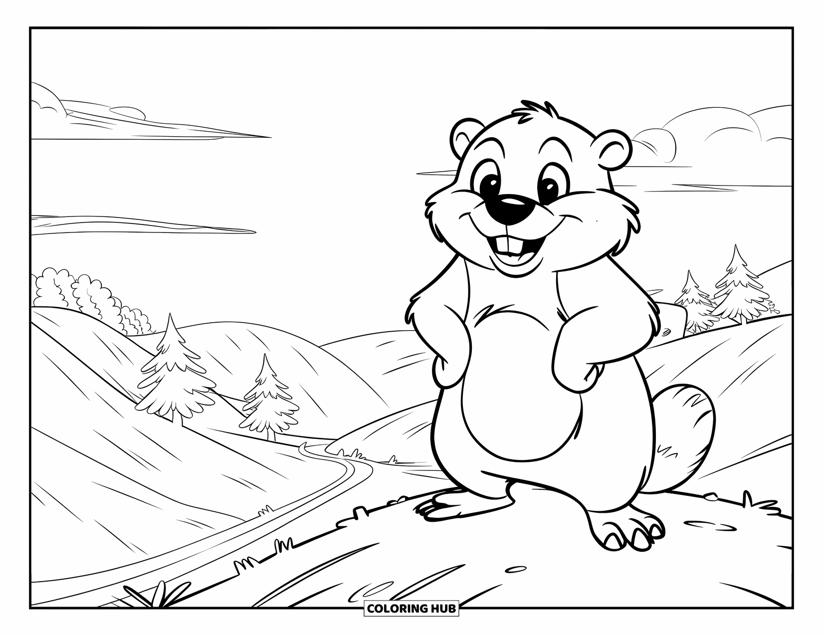 Groundhog Coloring Page for Kids: Cheerful groundhog with toothy grin standing above a winding path