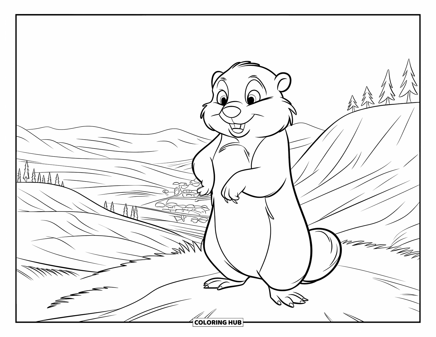 Groundhog Coloring Page for Kids: Curious groundhog on a mound gazing over rolling hills and town