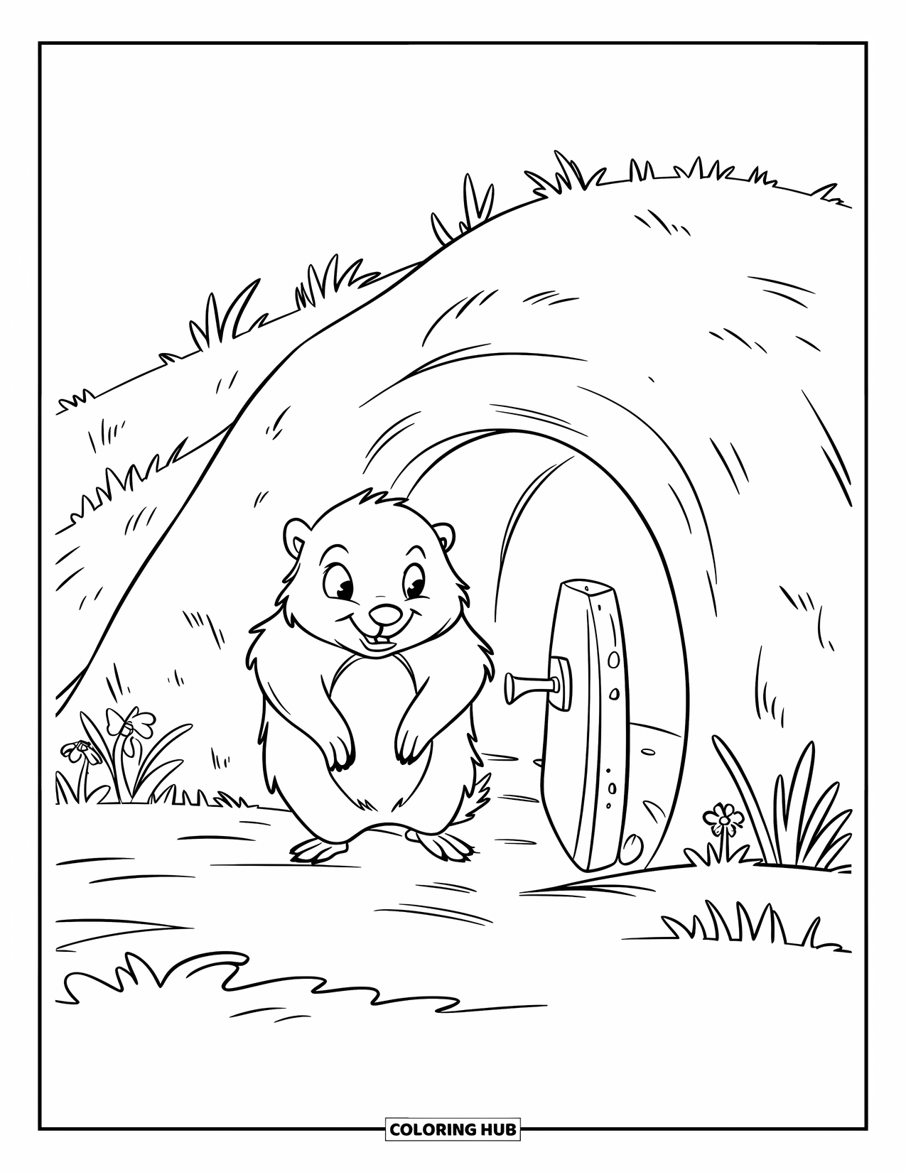 Groundhog Coloring Page for Kids: Groundhog at burrow entrance with wooden door and surrounding plants